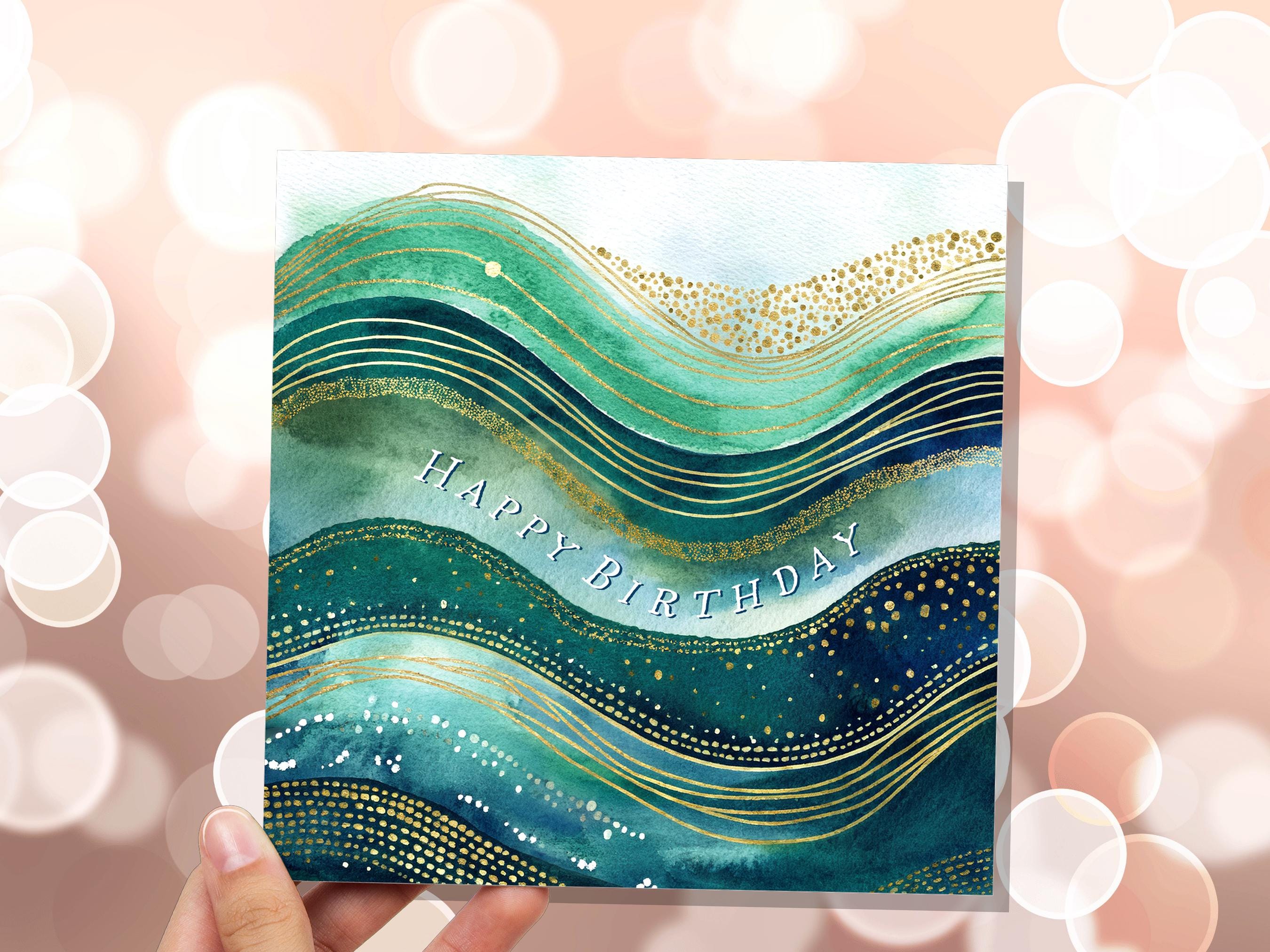 Ocean Birthday Card Luxury Watercolour Gold and Teal Waves Abstract Under the Sea Themed Design Eco Friendly Swimming Beach New for 2025 - View 3