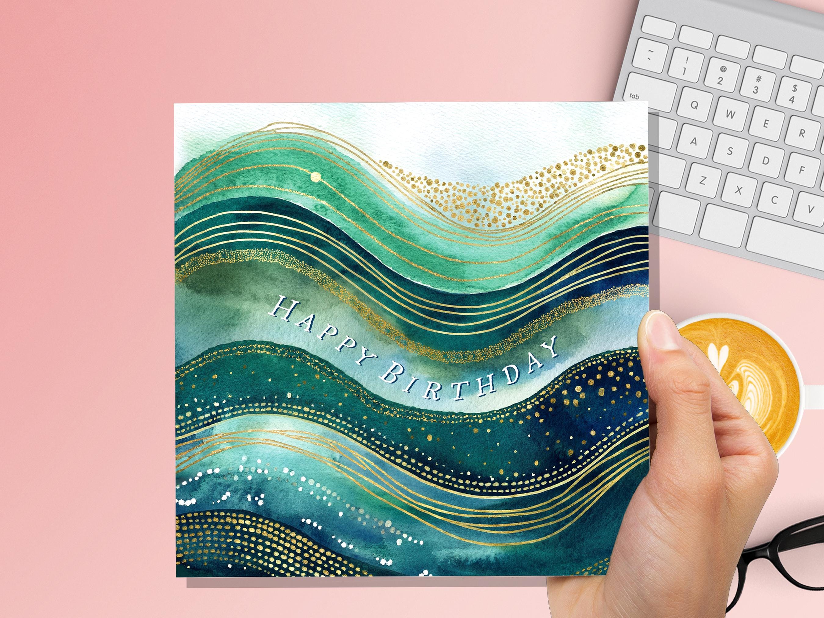 Ocean Birthday Card Luxury Watercolour Gold and Teal Waves Abstract Under the Sea Themed Design Eco Friendly Swimming Beach New for 2025 - View 6