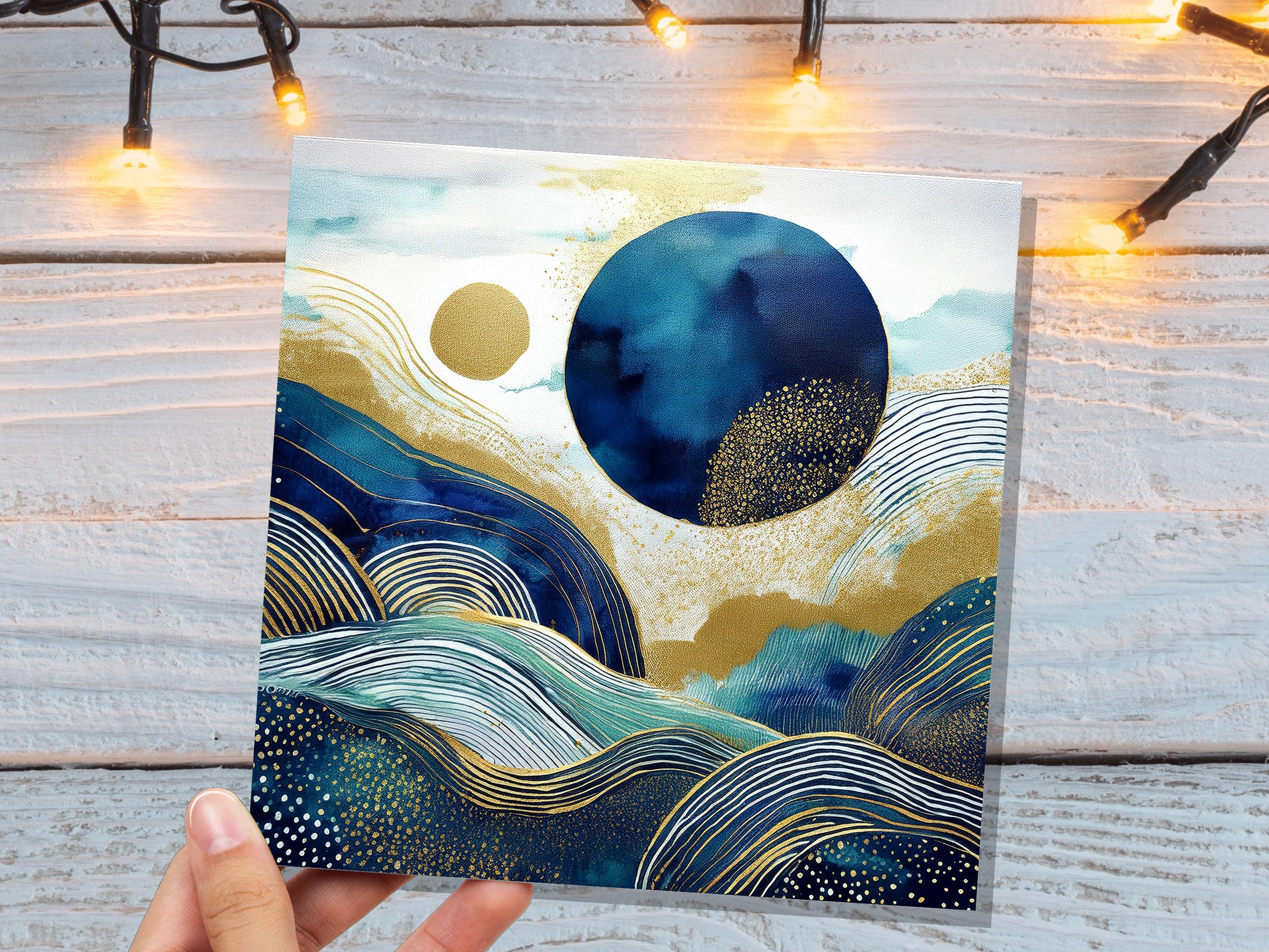 Prussian Blue and Gold Landscape Card For Art Lovers Sustainable Abstract Watercolour Design Moon Mountains Ocean Scene Modern Any Occasion