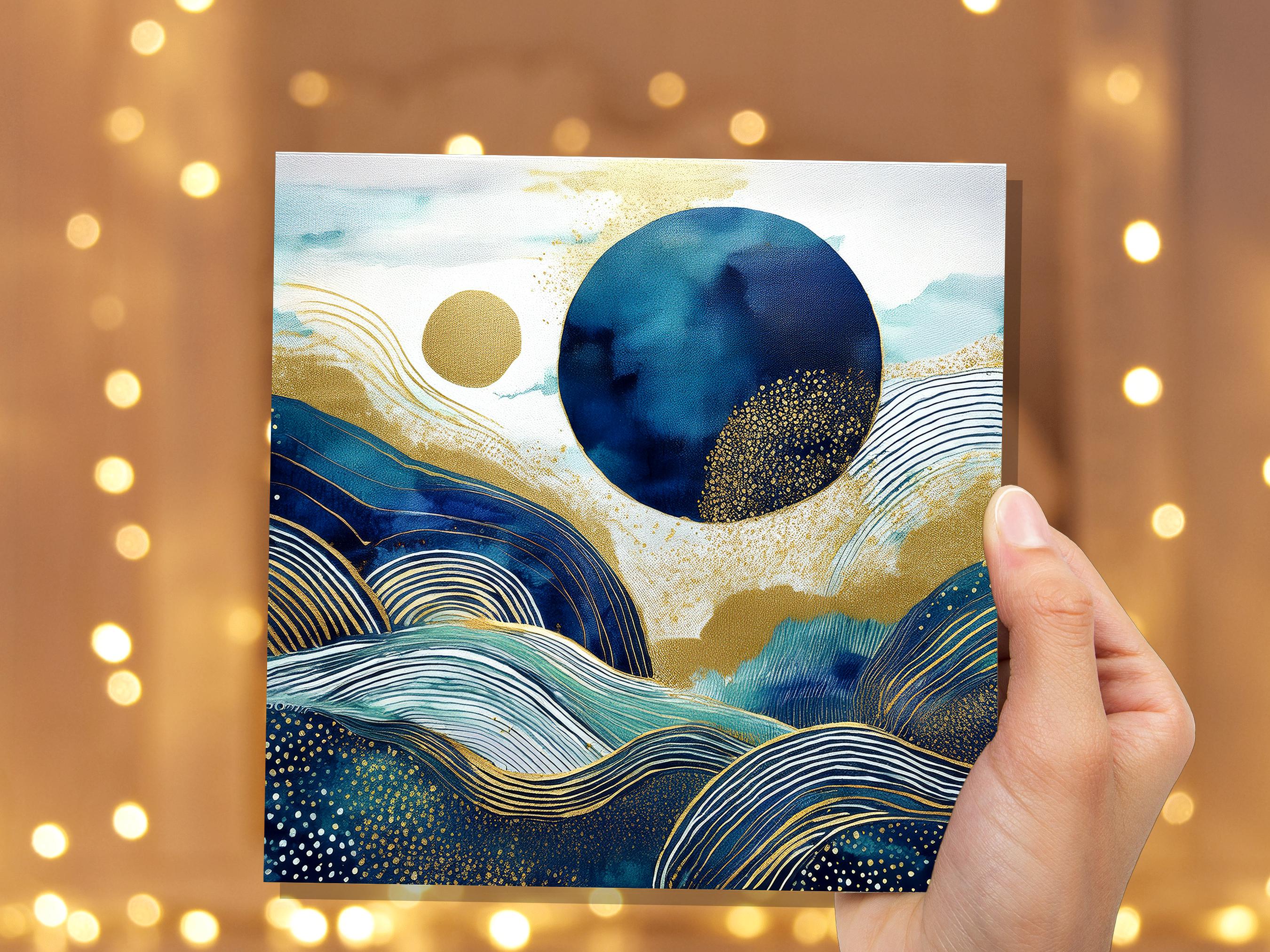 Prussian Blue and Gold Landscape Card For Art Lovers Sustainable Abstract Watercolour Design Moon Mountains Ocean Scene Modern Any Occasion - View 8