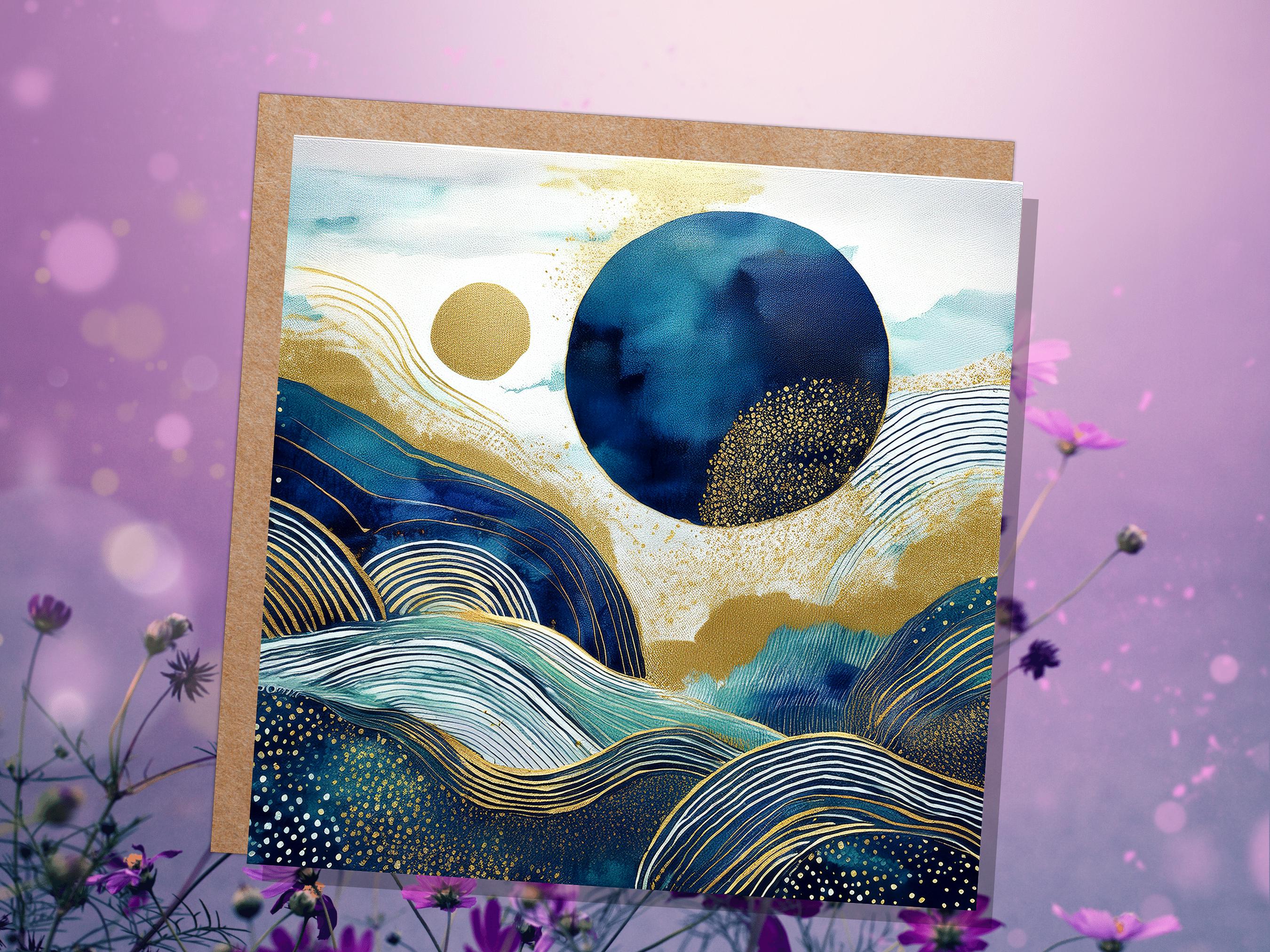 Prussian Blue and Gold Landscape Card For Art Lovers Sustainable Abstract Watercolour Design Moon Mountains Ocean Scene Modern Any Occasion - View 6