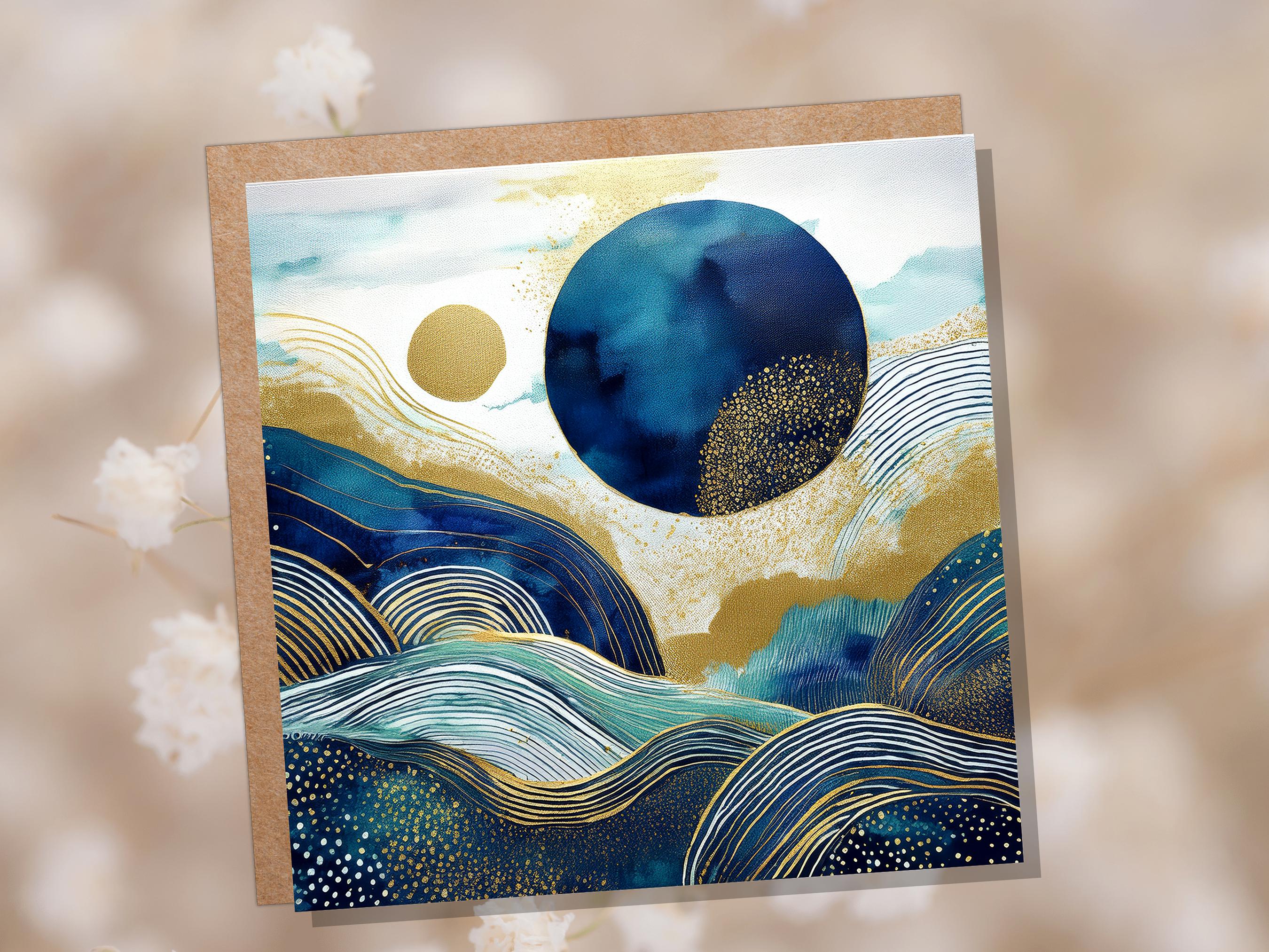 Prussian Blue and Gold Landscape Card For Art Lovers Sustainable Abstract Watercolour Design Moon Mountains Ocean Scene Modern Any Occasion - View 3