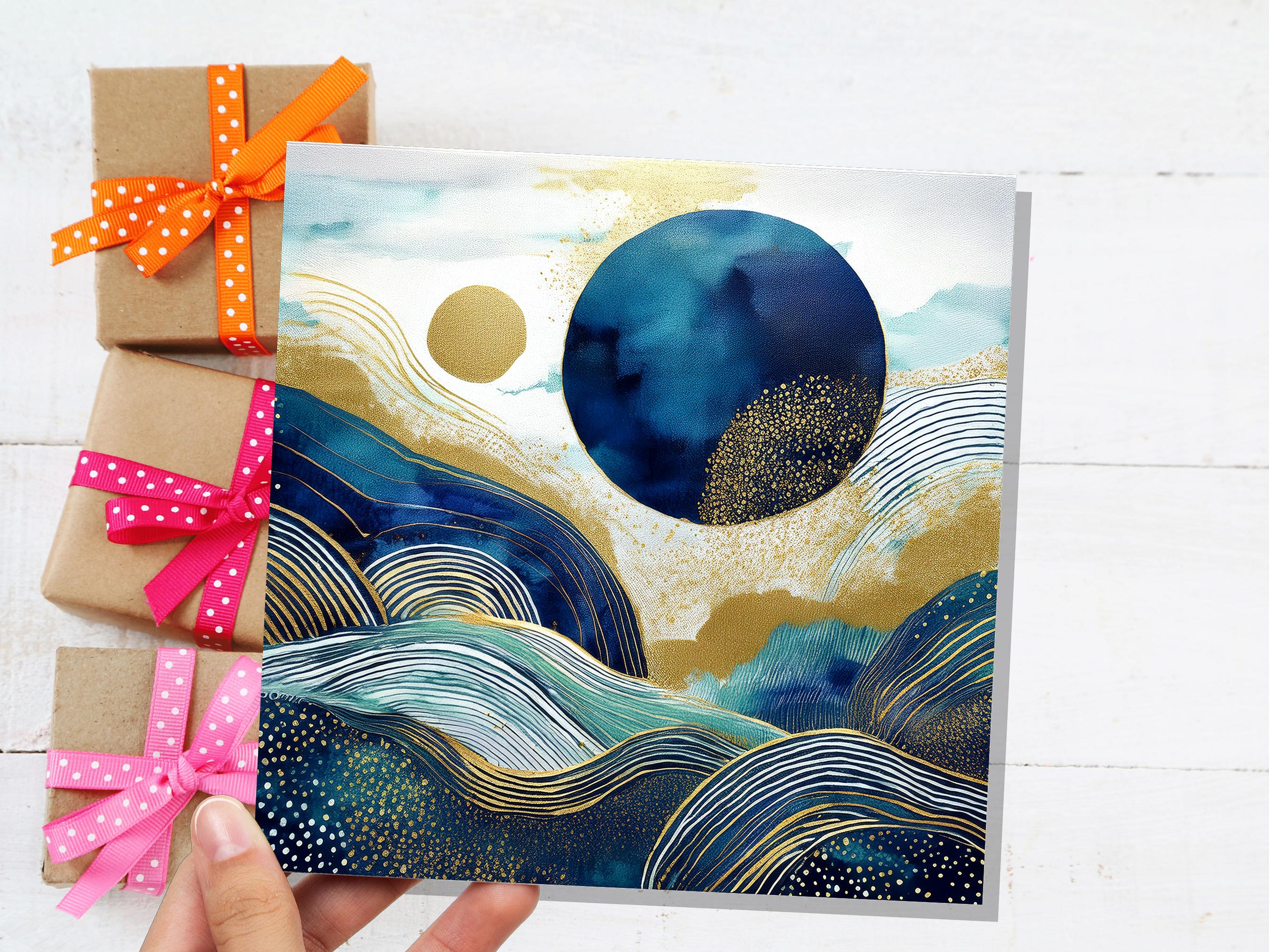 Prussian Blue and Gold Landscape Card For Art Lovers Sustainable Abstract Watercolour Design Moon Mountains Ocean Scene Modern Any Occasion - View 4