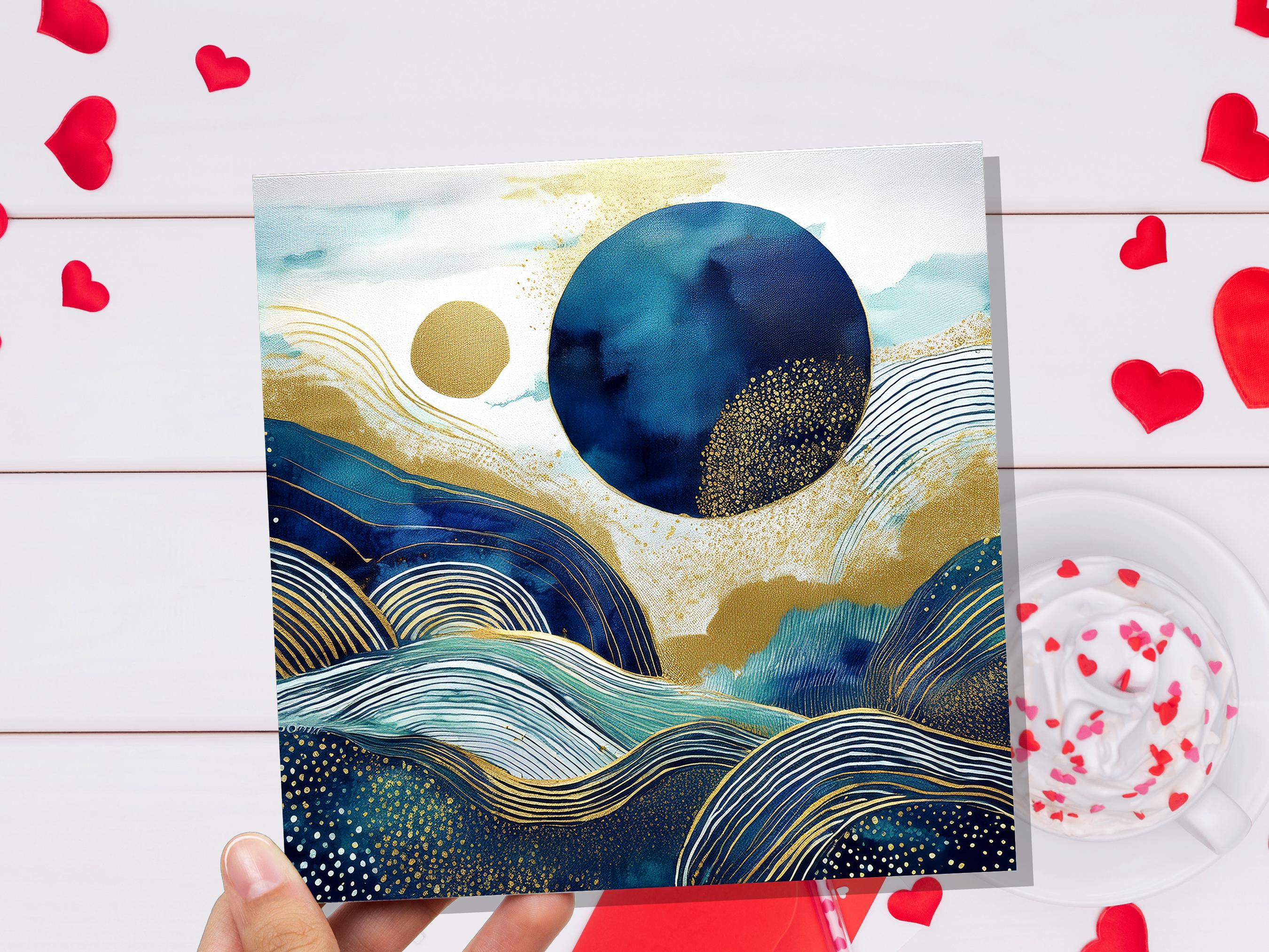 Prussian Blue and Gold Landscape Card For Art Lovers Sustainable Abstract Watercolour Design Moon Mountains Ocean Scene Modern Any Occasion - View 5