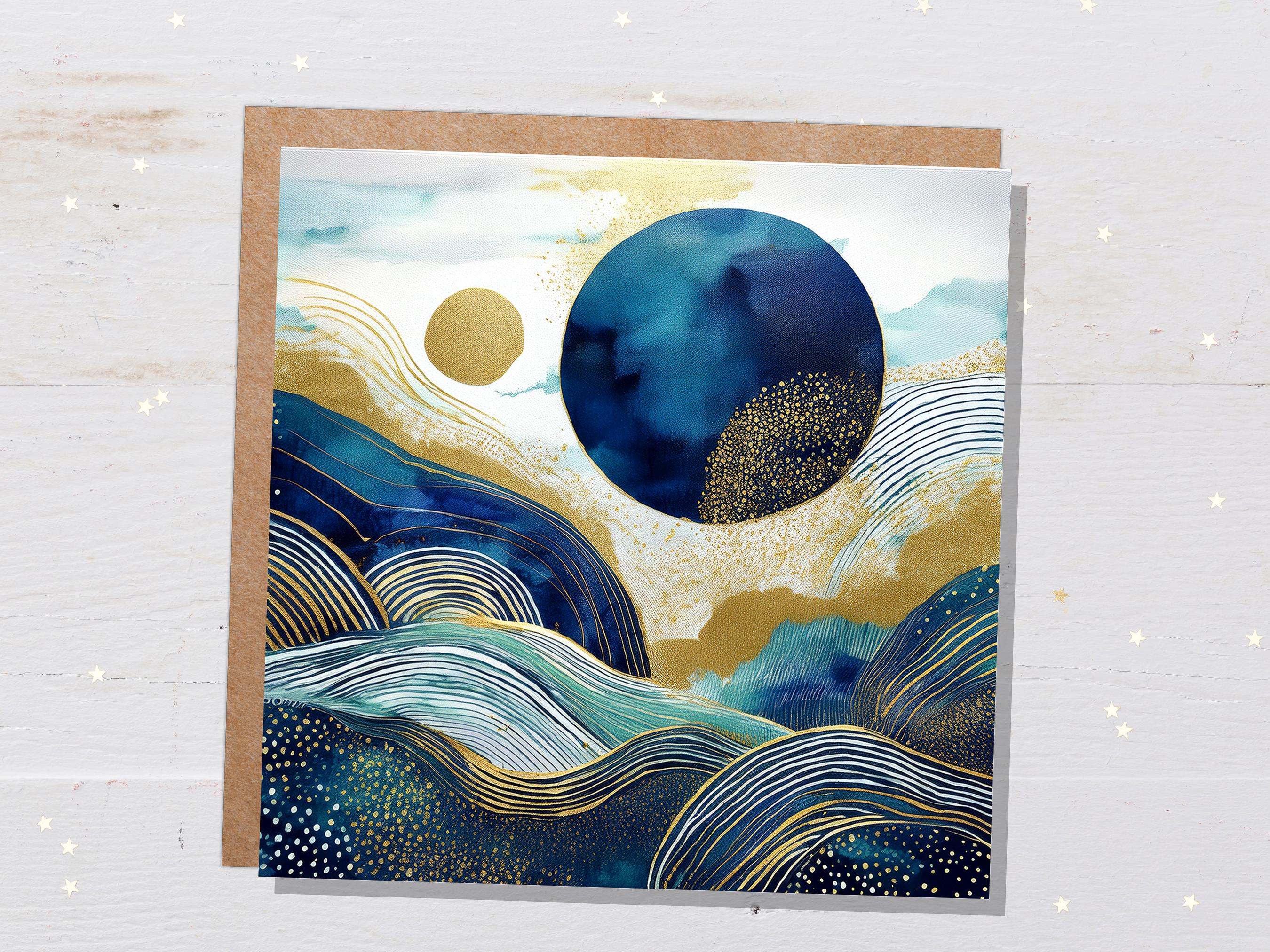 Prussian Blue and Gold Landscape Card For Art Lovers Sustainable Abstract Watercolour Design Moon Mountains Ocean Scene Modern Any Occasion - View 2