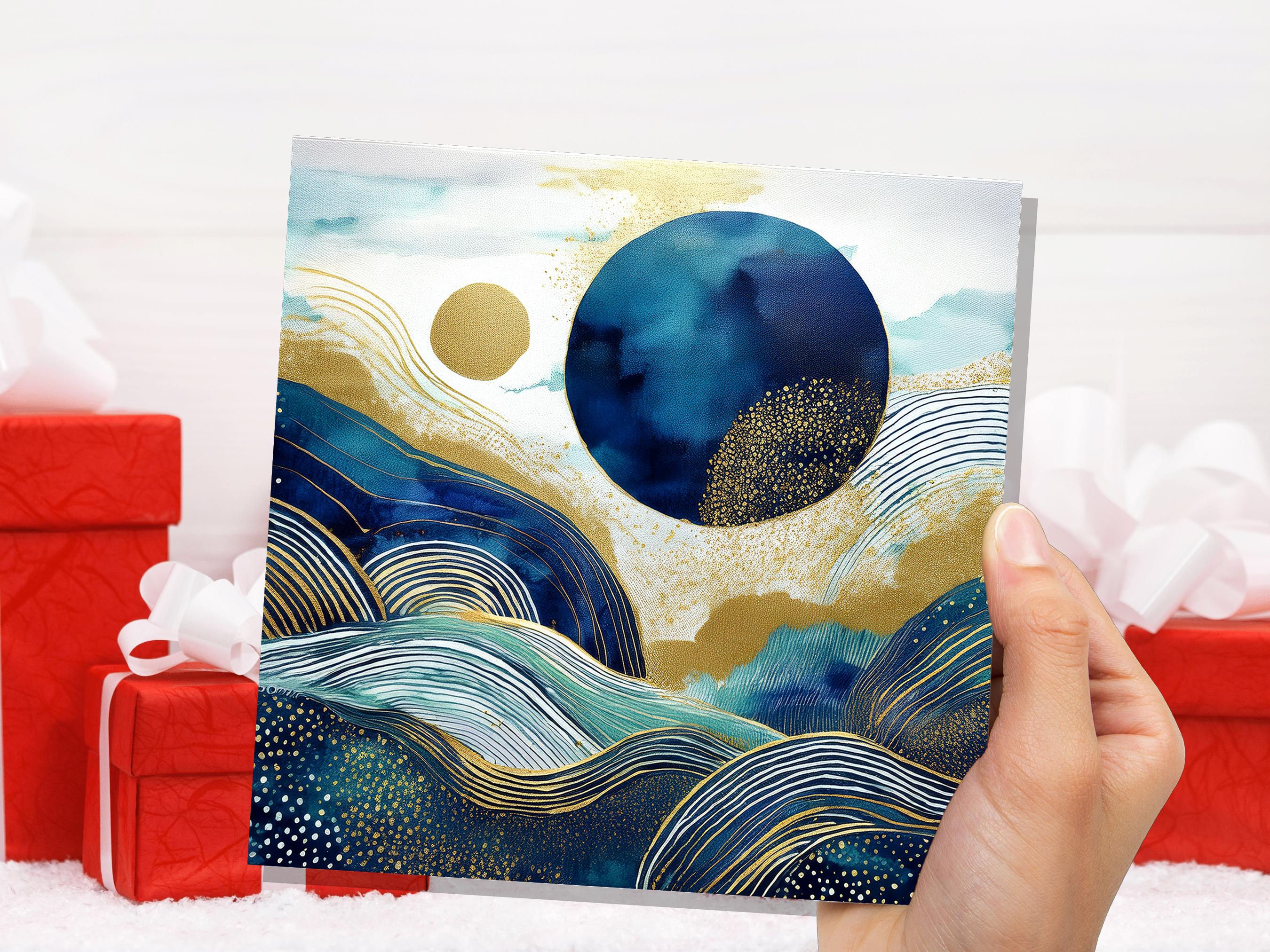 Prussian Blue and Gold Landscape Card For Art Lovers Sustainable Abstract Watercolour Design Moon Mountains Ocean Scene Modern Any Occasion - View 9