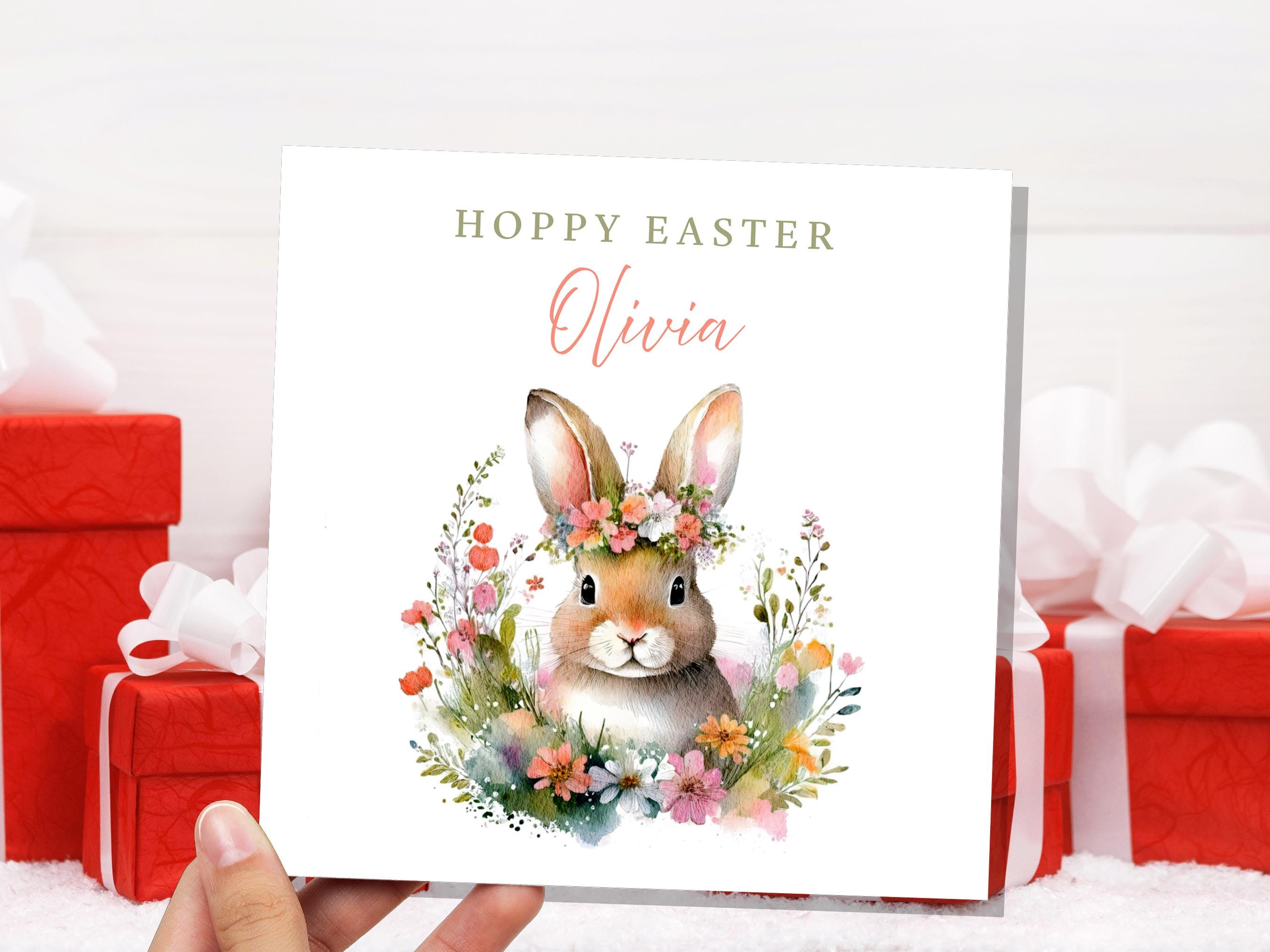 Kids Easter Bunny Card for Granddaughter Daughter Personalised with Name Eco Friendly Easter Card with Flower Crown Cute "Hoppy Easter" Text - View 9