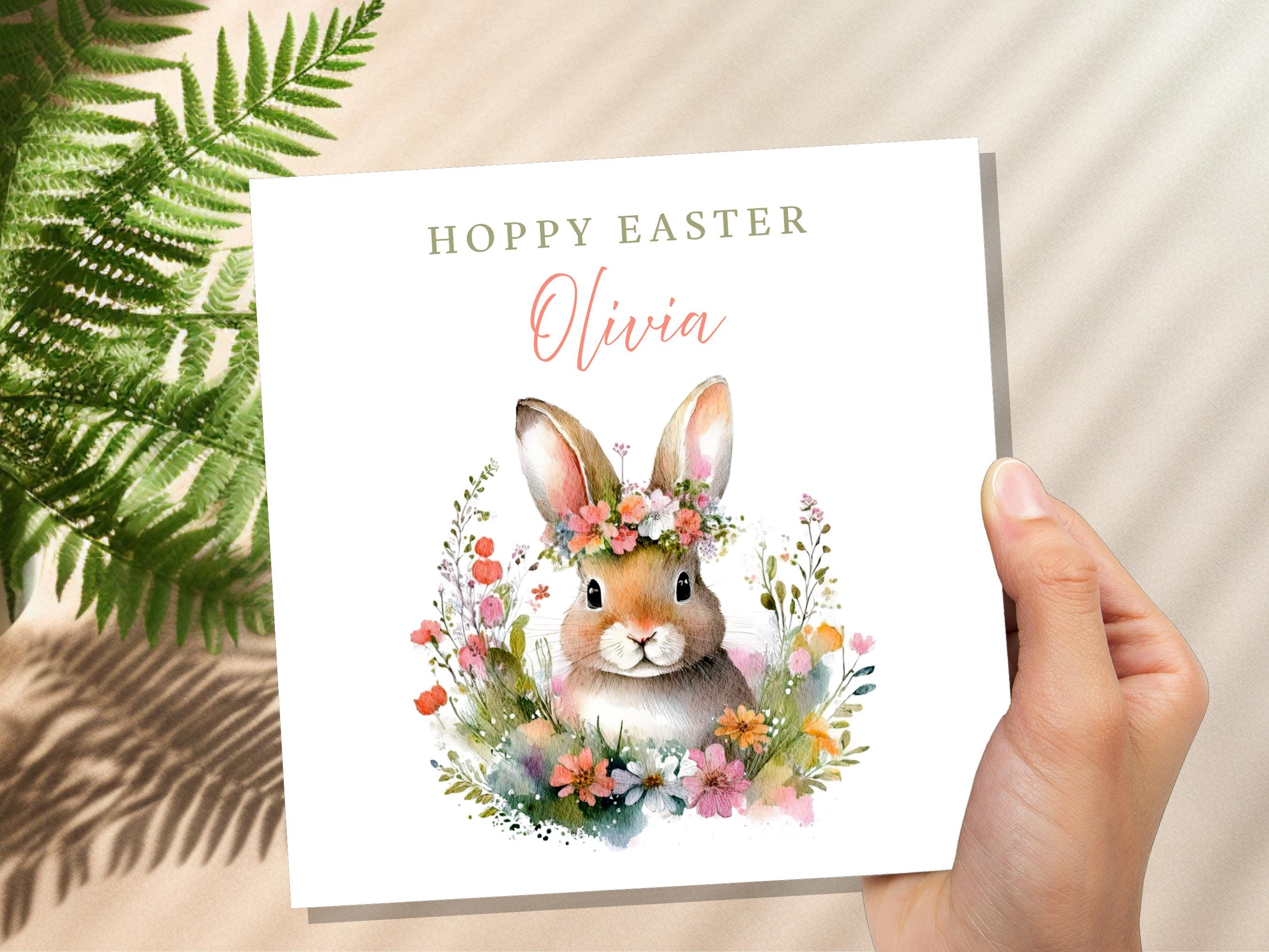 Kids Easter Bunny Card for Granddaughter Daughter Personalised with Name Eco Friendly Easter Card with Flower Crown Cute "Hoppy Easter" Text - View 2