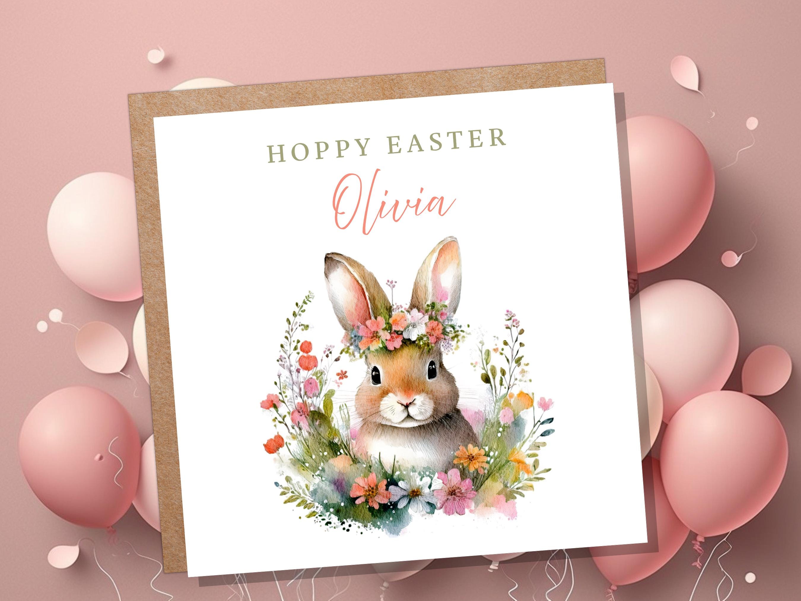 Kids Easter Bunny Card for Granddaughter Daughter Personalised with Name Eco Friendly Easter Card with Flower Crown Cute "Hoppy Easter" Text - View 6