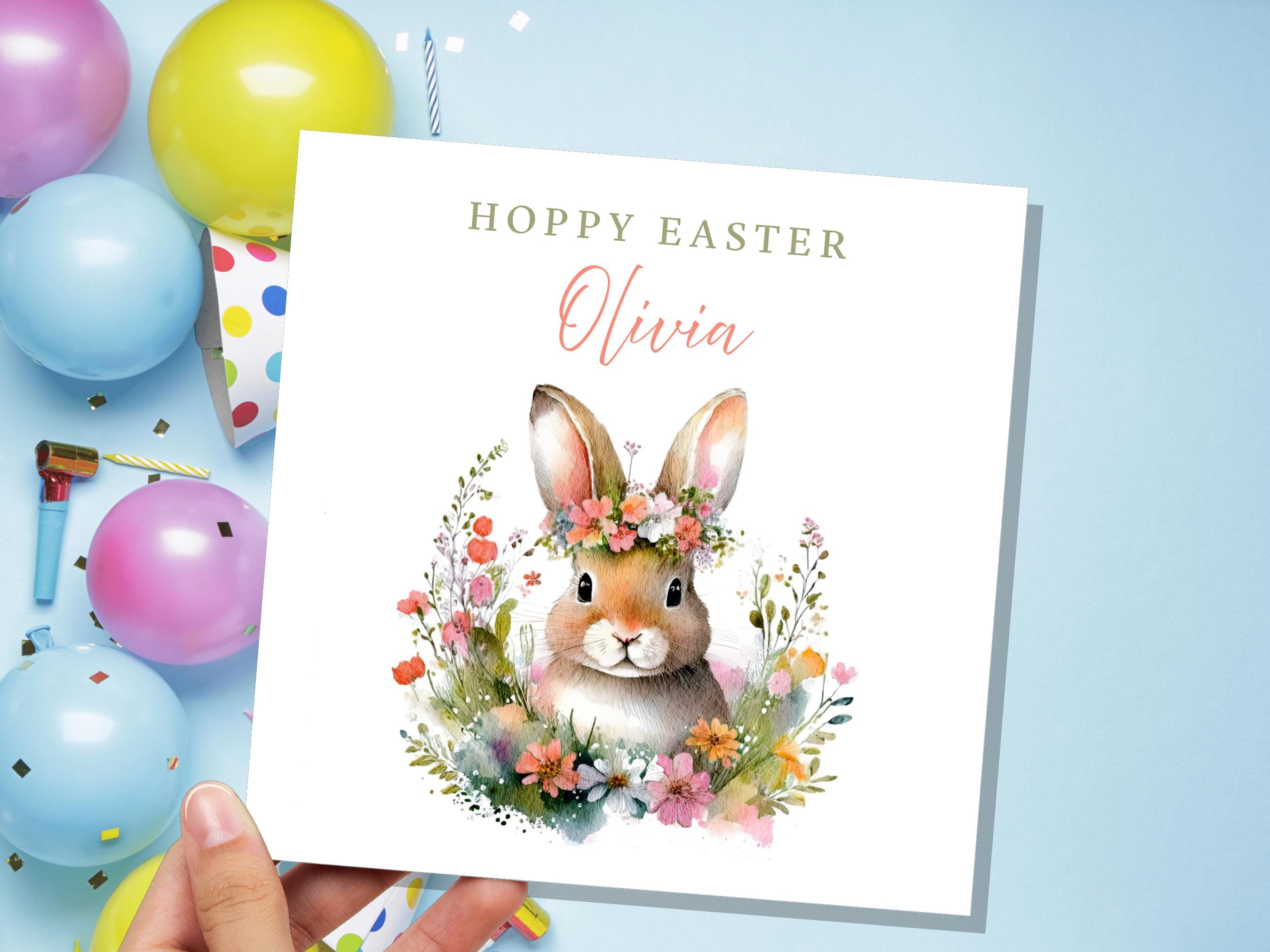 Kids Easter Bunny Card for Granddaughter Daughter Personalised with Name Eco Friendly Easter Card with Flower Crown Cute "Hoppy Easter" Text - View 5