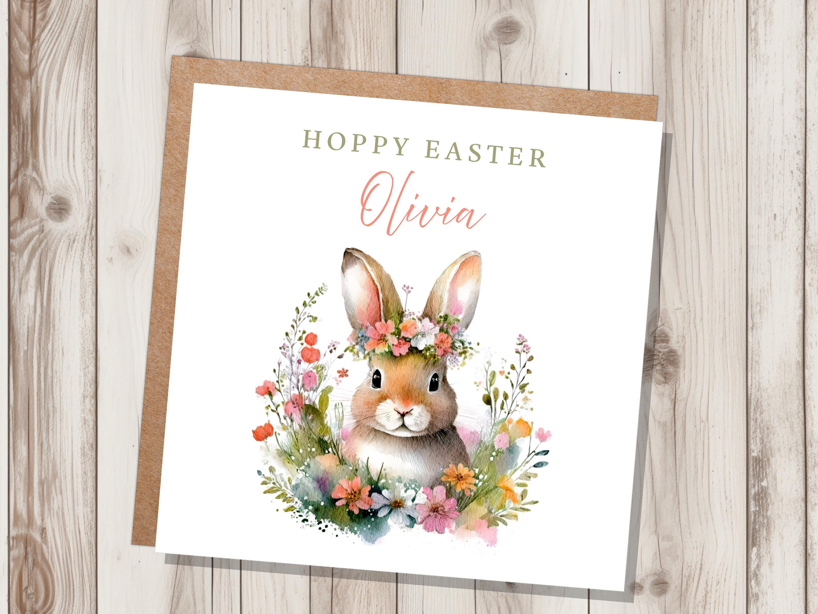 Kids Easter Bunny Card for Granddaughter Daughter Personalised with Name Eco Friendly Easter Card with Flower Crown Cute "Hoppy Easter" Text