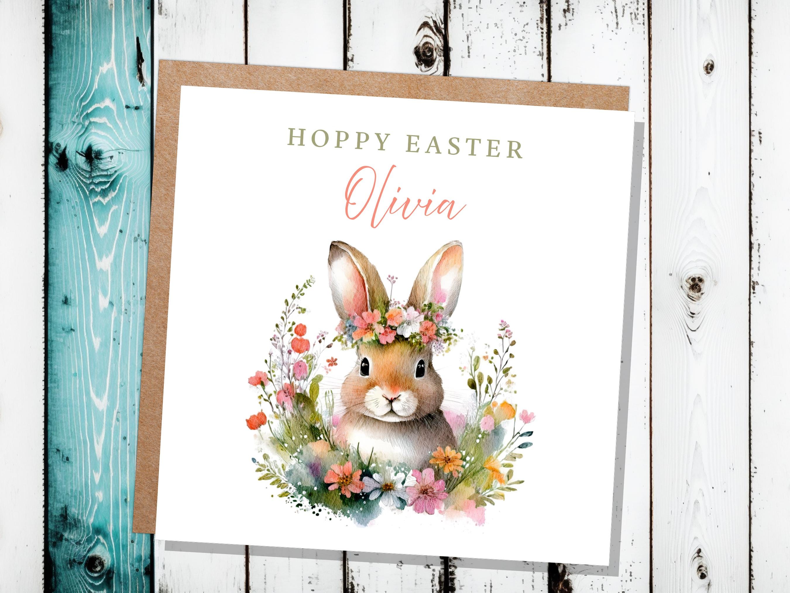 Kids Easter Bunny Card for Granddaughter Daughter Personalised with Name Eco Friendly Easter Card with Flower Crown Cute "Hoppy Easter" Text - View 3