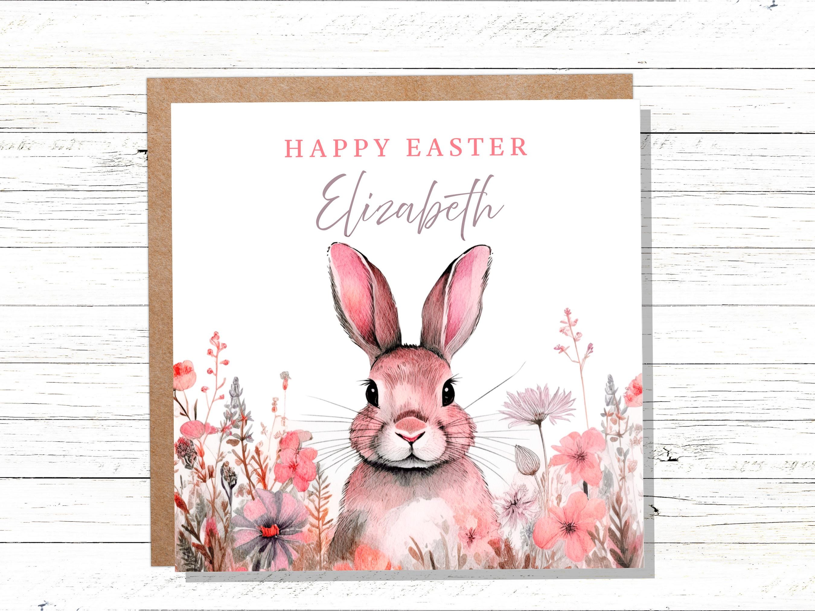 Personalised Pink Easter Bunny Card for Granddaughter Daughter Watercolour Rabbit with Pink Flower Crown Eco Friendly Cute Custom Kids Name - View 3