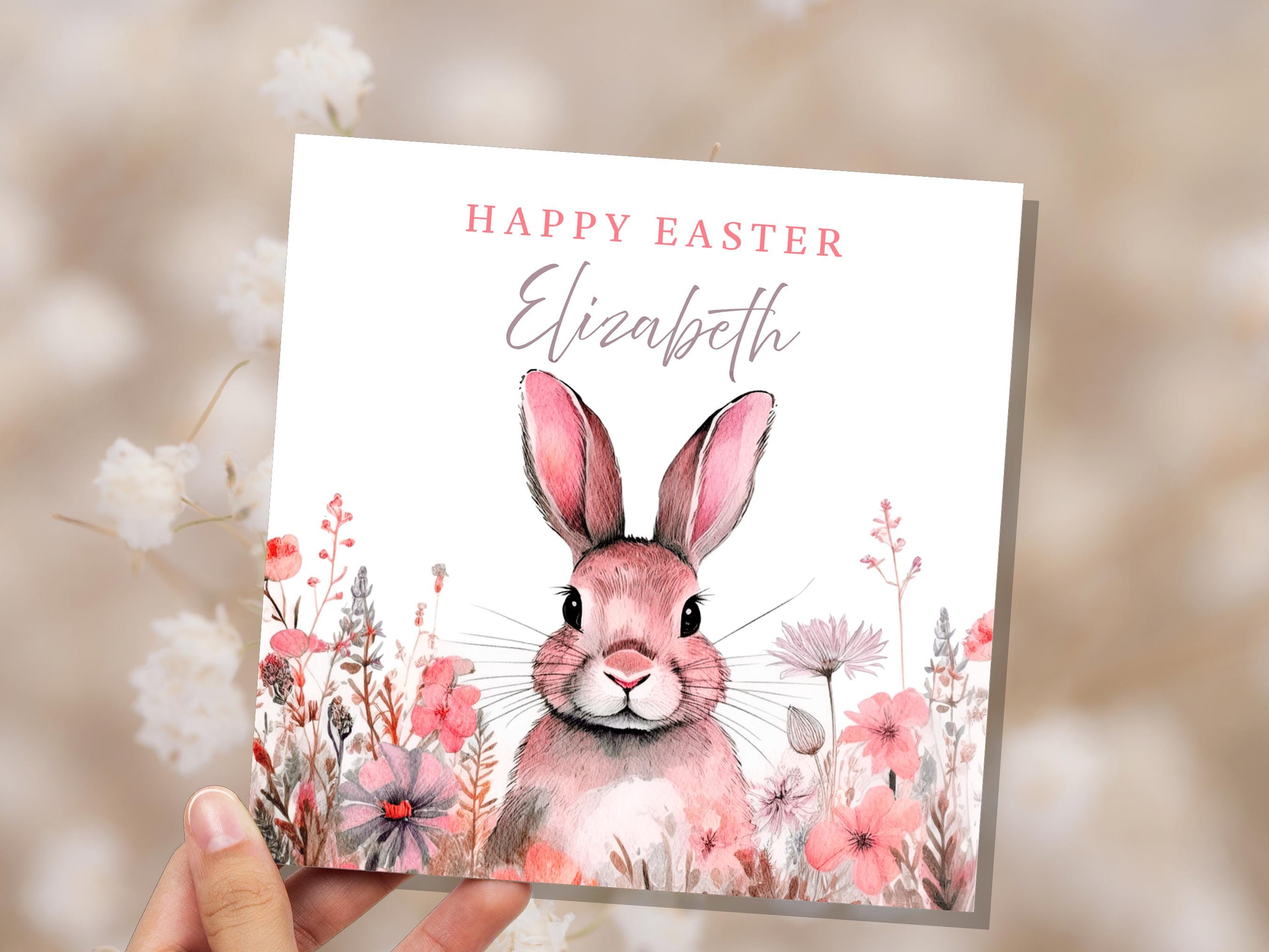 Personalised Pink Easter Bunny Card for Granddaughter Daughter Watercolour Rabbit with Pink Flower Crown Eco Friendly Cute Custom Kids Name - View 2