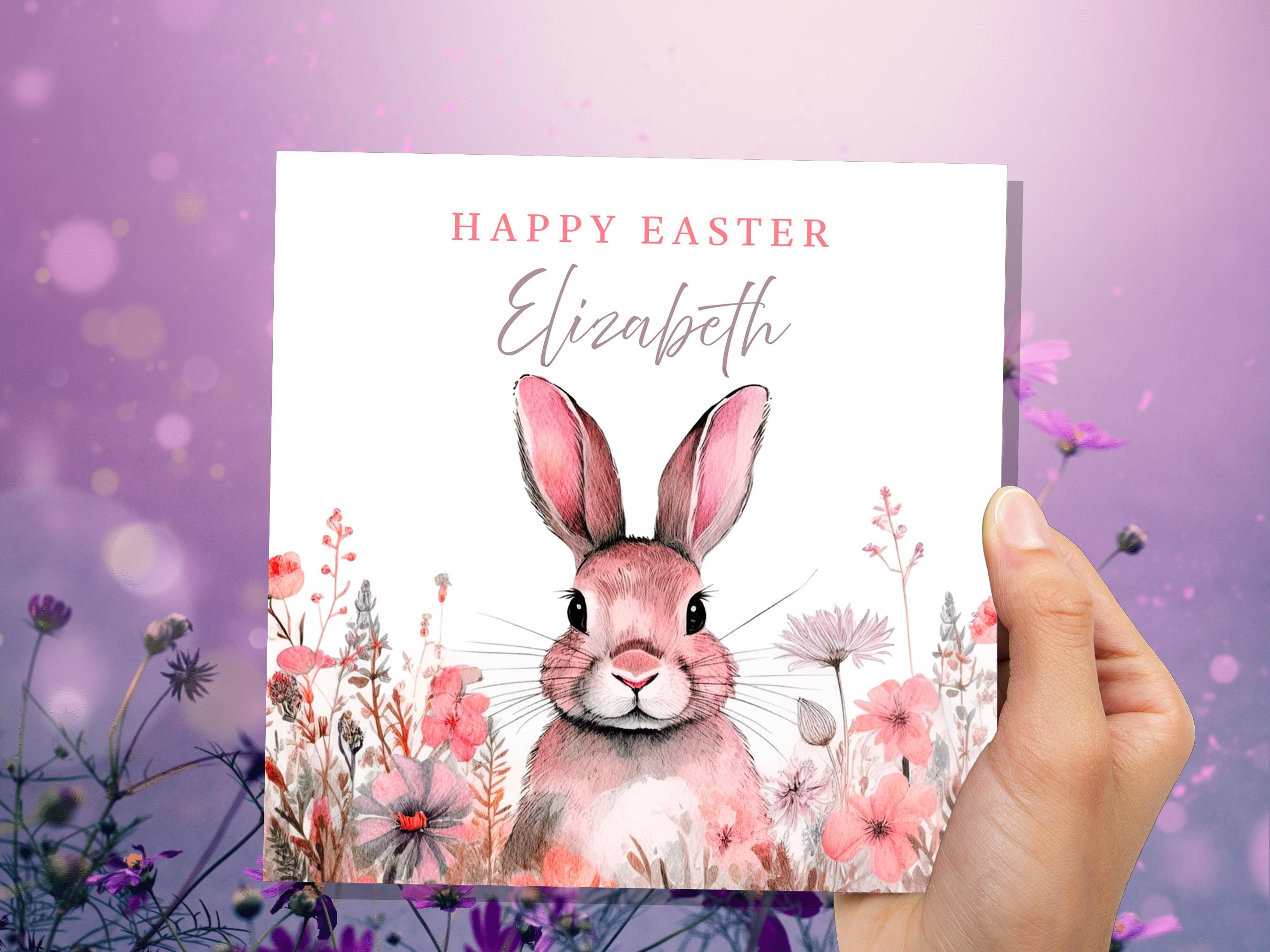 Personalised Pink Easter Bunny Card for Granddaughter Daughter Watercolour Rabbit with Pink Flower Crown Eco Friendly Cute Custom Kids Name - View 9
