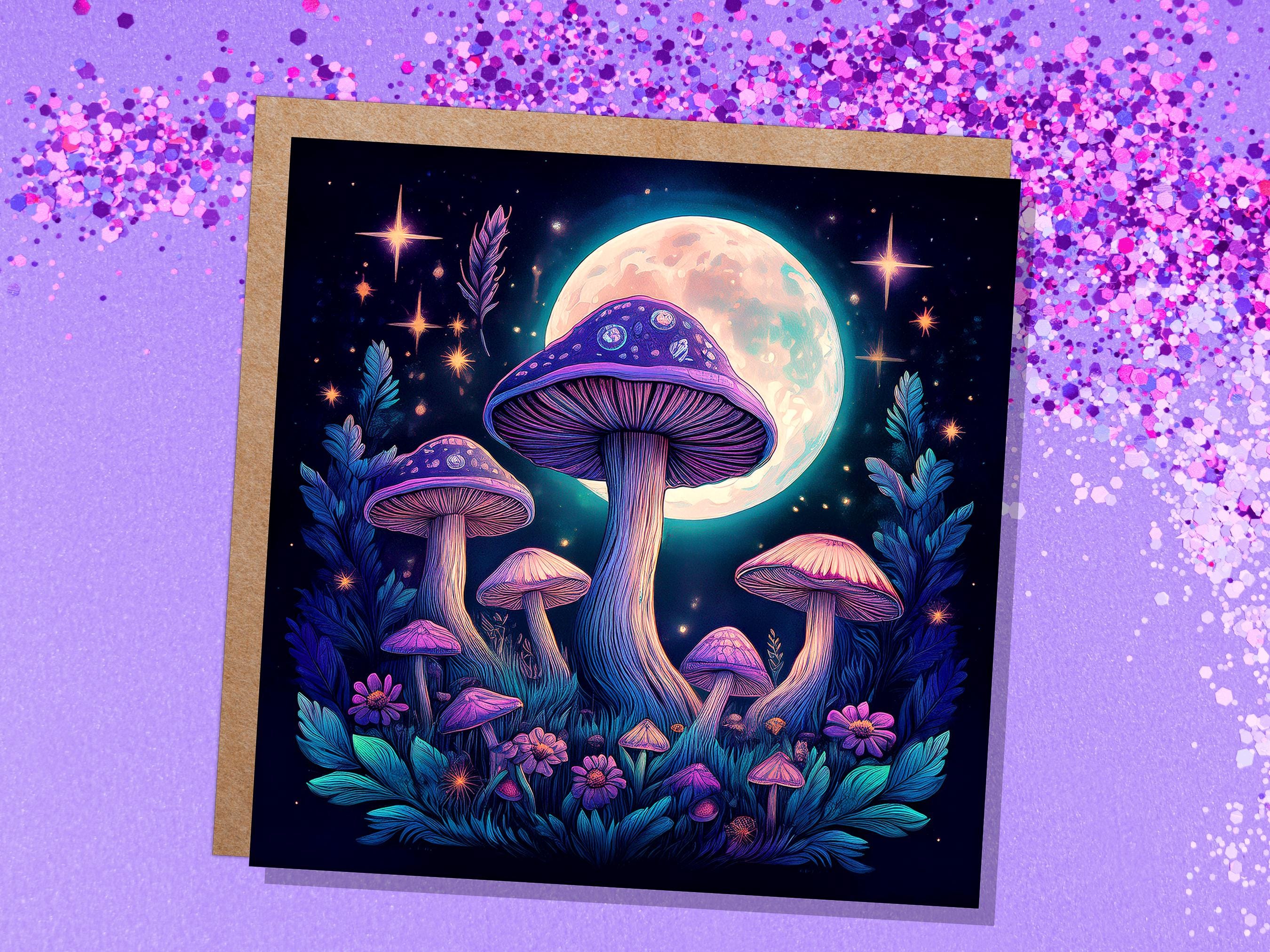 Whimsigoth Mushroom Card Psychedelic Purple Neon Moon with Mystical Fungi Art Fairycore Night Sky Scene Magical Moonlit Toadstools & Stars - View 2