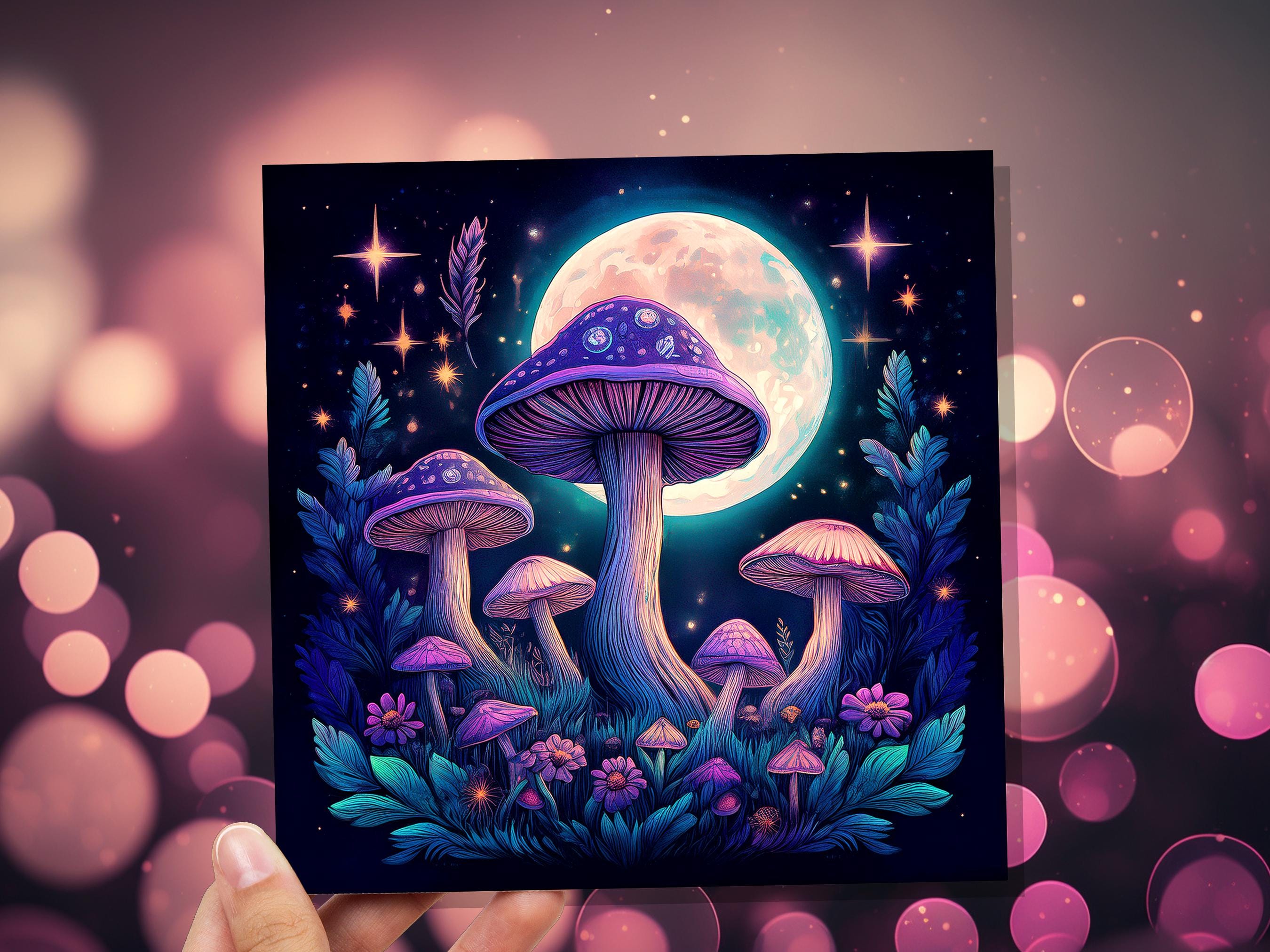 Whimsigoth Mushroom Card Psychedelic Purple Neon Moon with Mystical Fungi Art Fairycore Night Sky Scene Magical Moonlit Toadstools & Stars - View 6