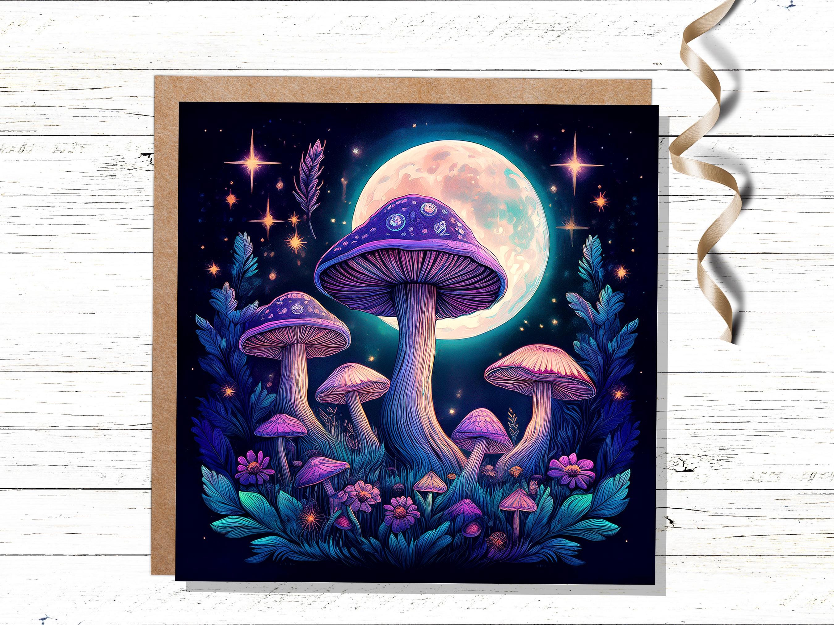 Whimsigoth Mushroom Card Psychedelic Purple Neon Moon with Mystical Fungi Art Fairycore Night Sky Scene Magical Moonlit Toadstools & Stars