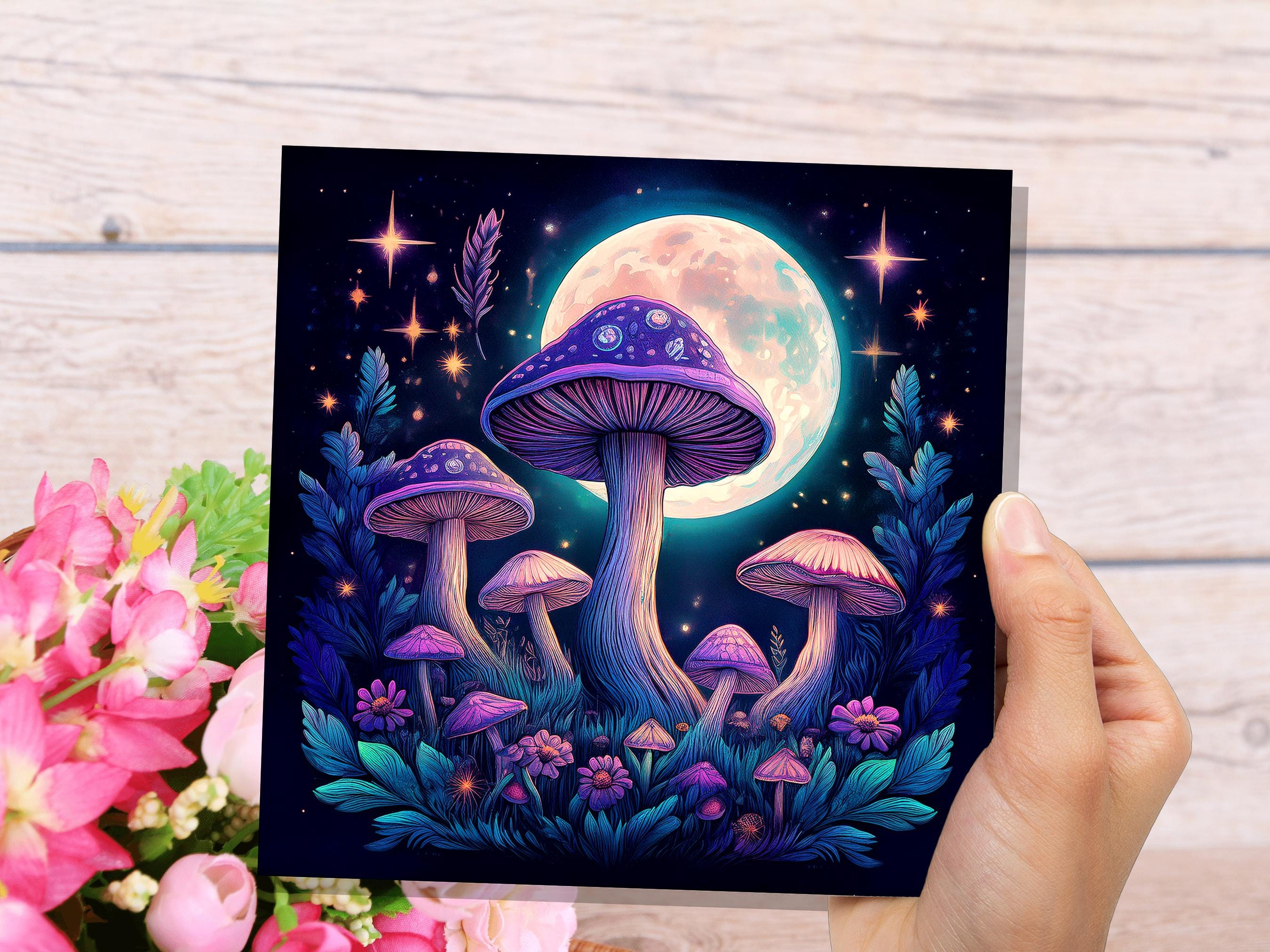 Whimsigoth Mushroom Card Psychedelic Purple Neon Moon with Mystical Fungi Art Fairycore Night Sky Scene Magical Moonlit Toadstools & Stars - View 9