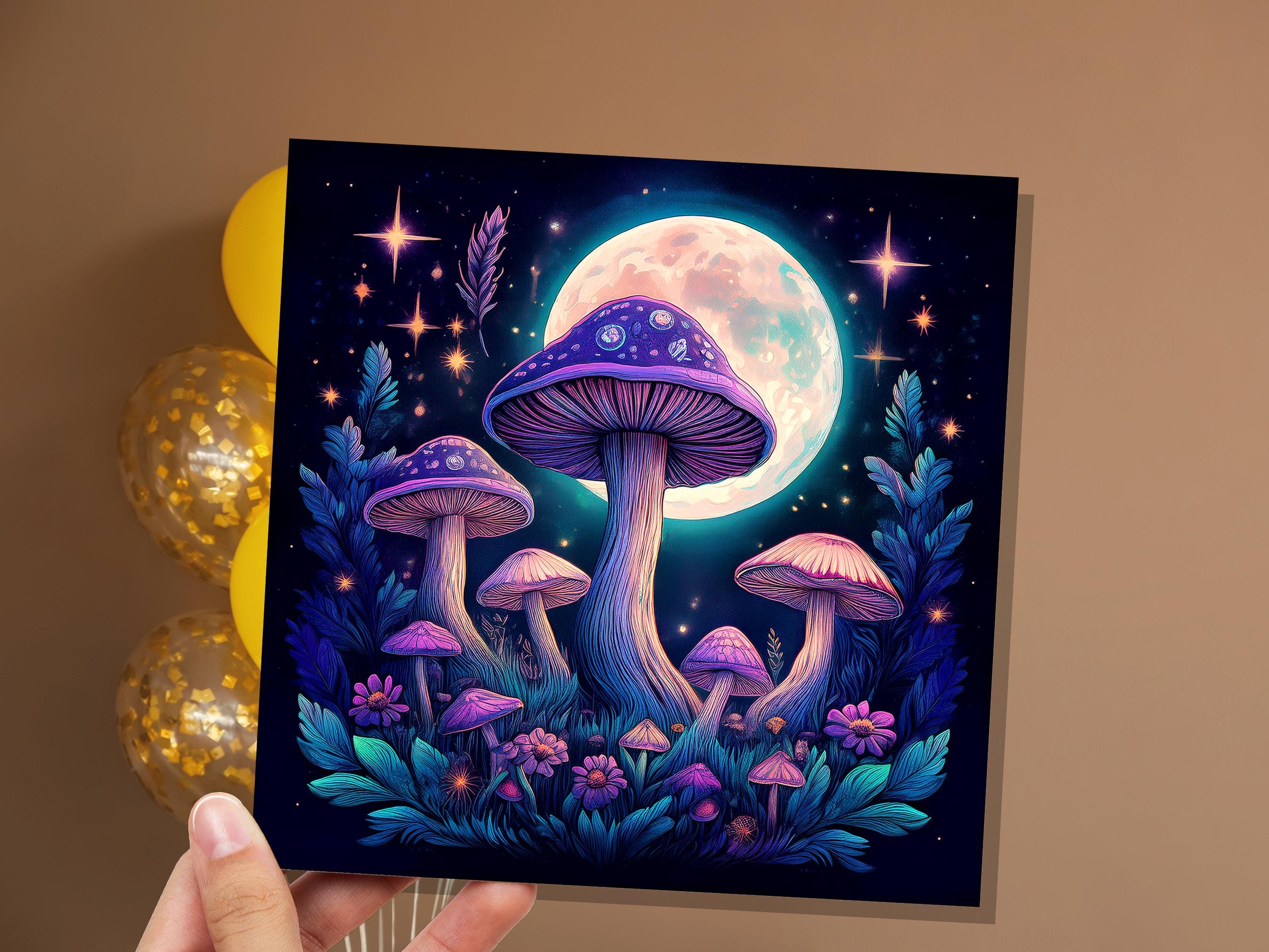 Whimsigoth Mushroom Card Psychedelic Purple Neon Moon with Mystical Fungi Art Fairycore Night Sky Scene Magical Moonlit Toadstools & Stars - View 4