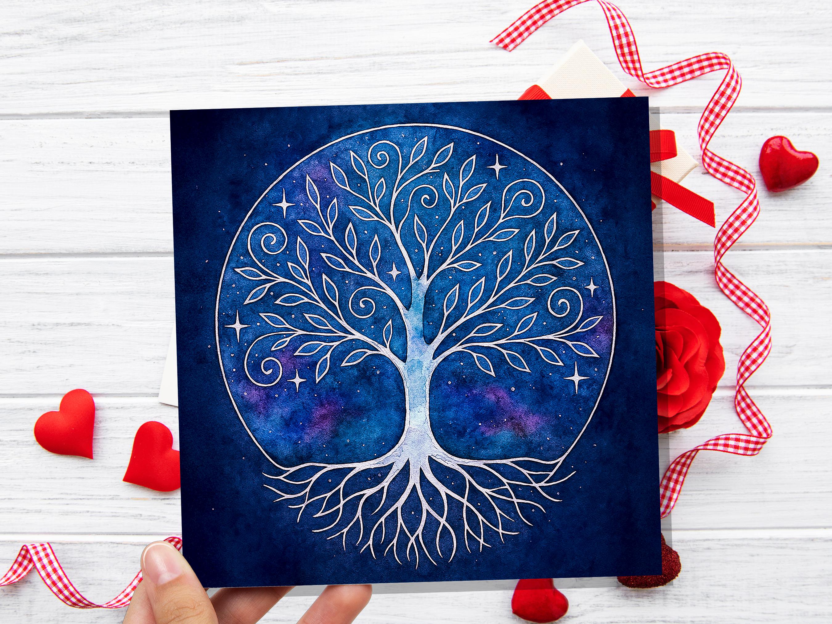 Celestial Tree of Life Card Sacred Design Blue Watercolour Galaxy Art Whimsical Branches Whimsigoth Witchcore Witchy Stationary Spiritual - View 5