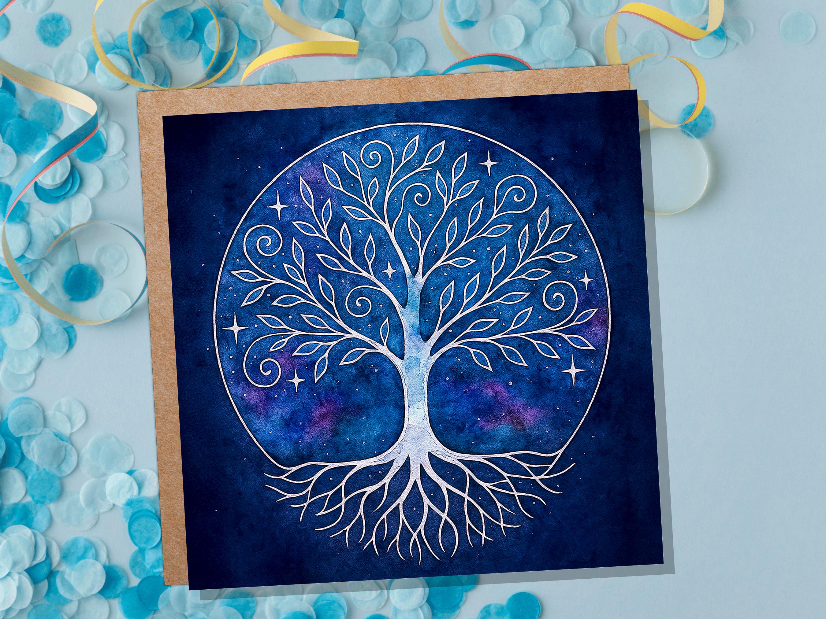 Celestial Tree of Life Card Sacred Design Blue Watercolour Galaxy Art Whimsical Branches Whimsigoth Witchcore Witchy Stationary Spiritual - View 2