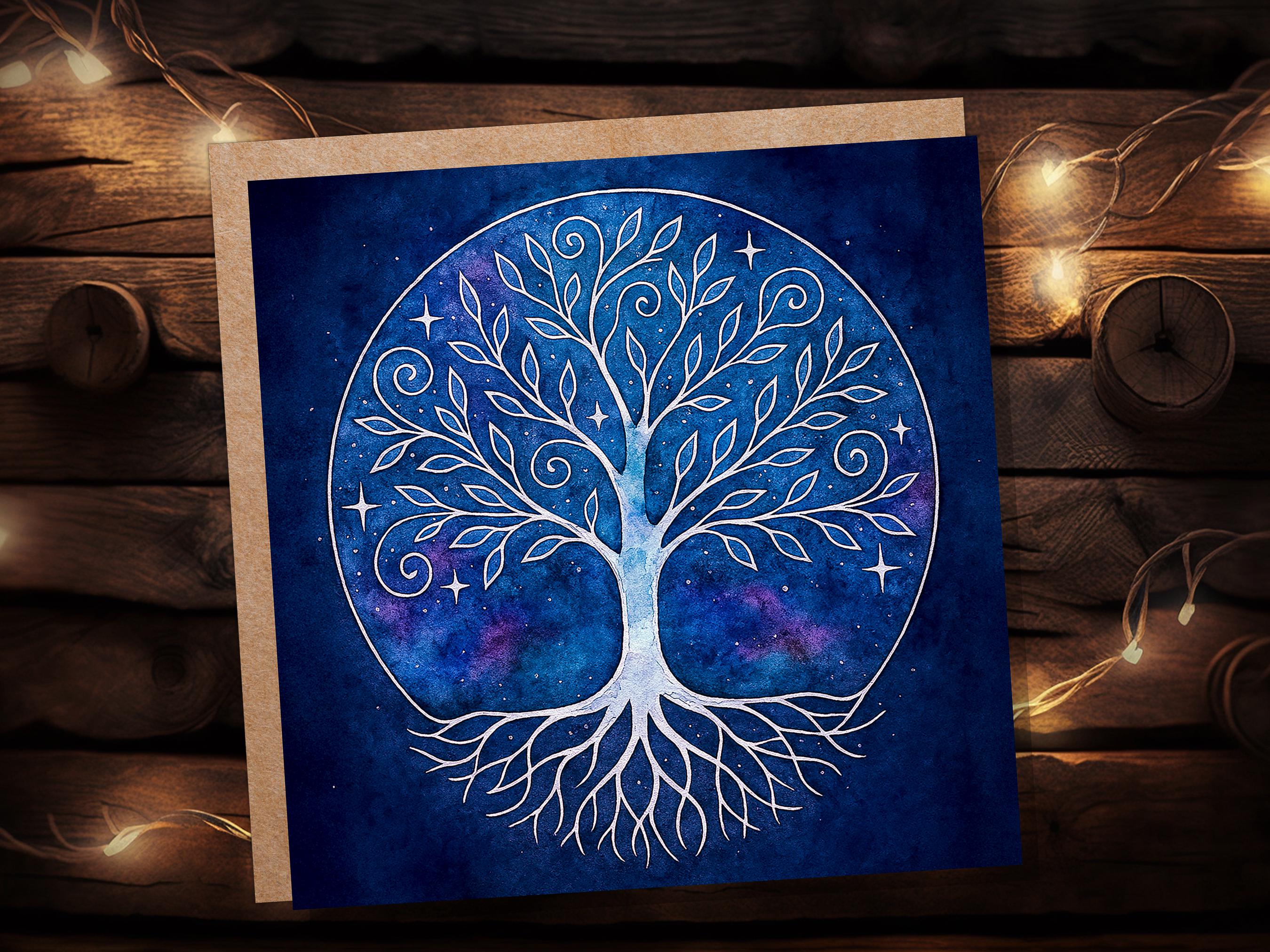 Celestial Tree of Life Card Sacred Design Blue Watercolour Galaxy Art Whimsical Branches Whimsigoth Witchcore Witchy Stationary Spiritual - View 4