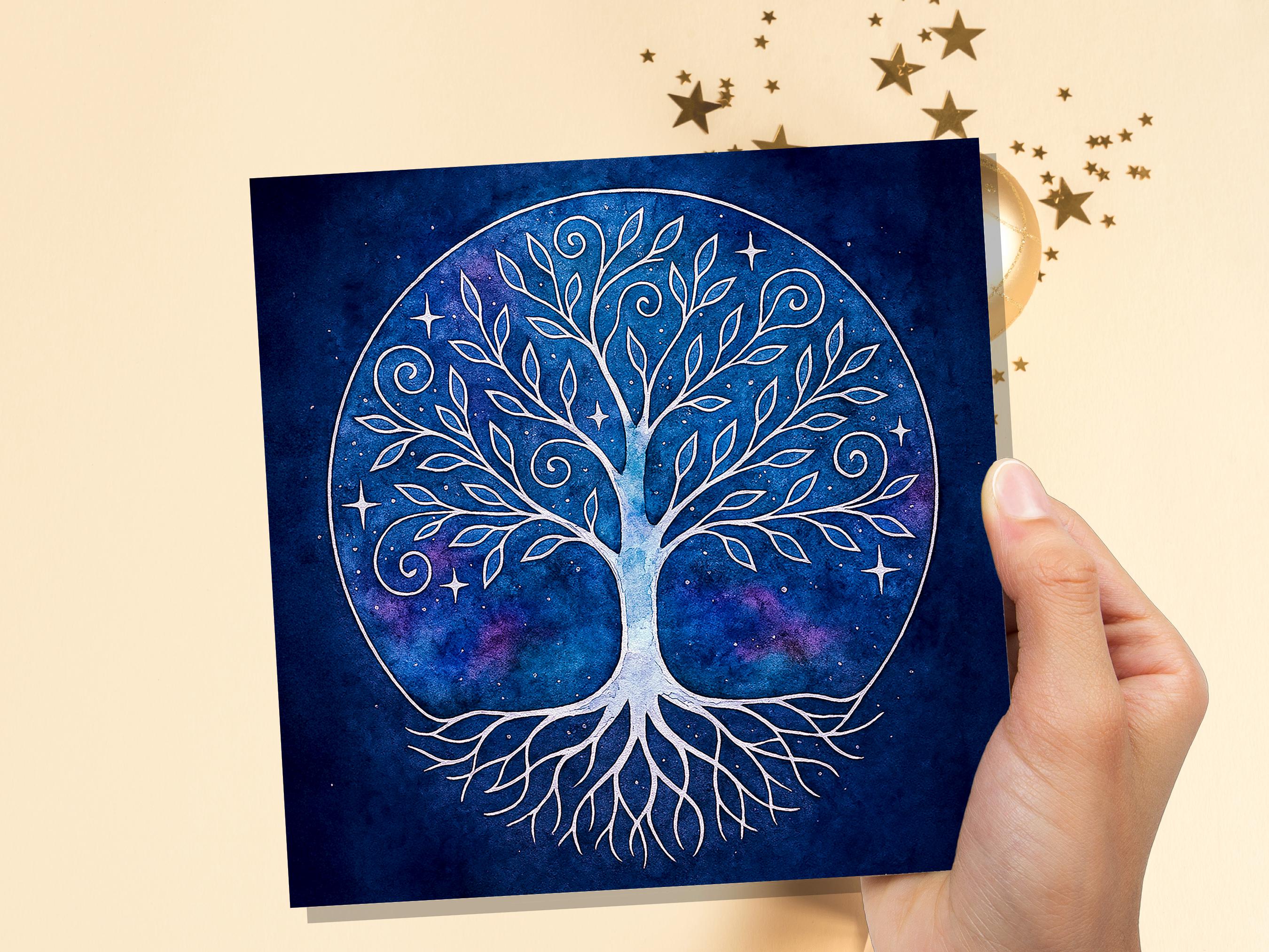 Celestial Tree of Life Card Sacred Design Blue Watercolour Galaxy Art Whimsical Branches Whimsigoth Witchcore Witchy Stationary Spiritual - View 7