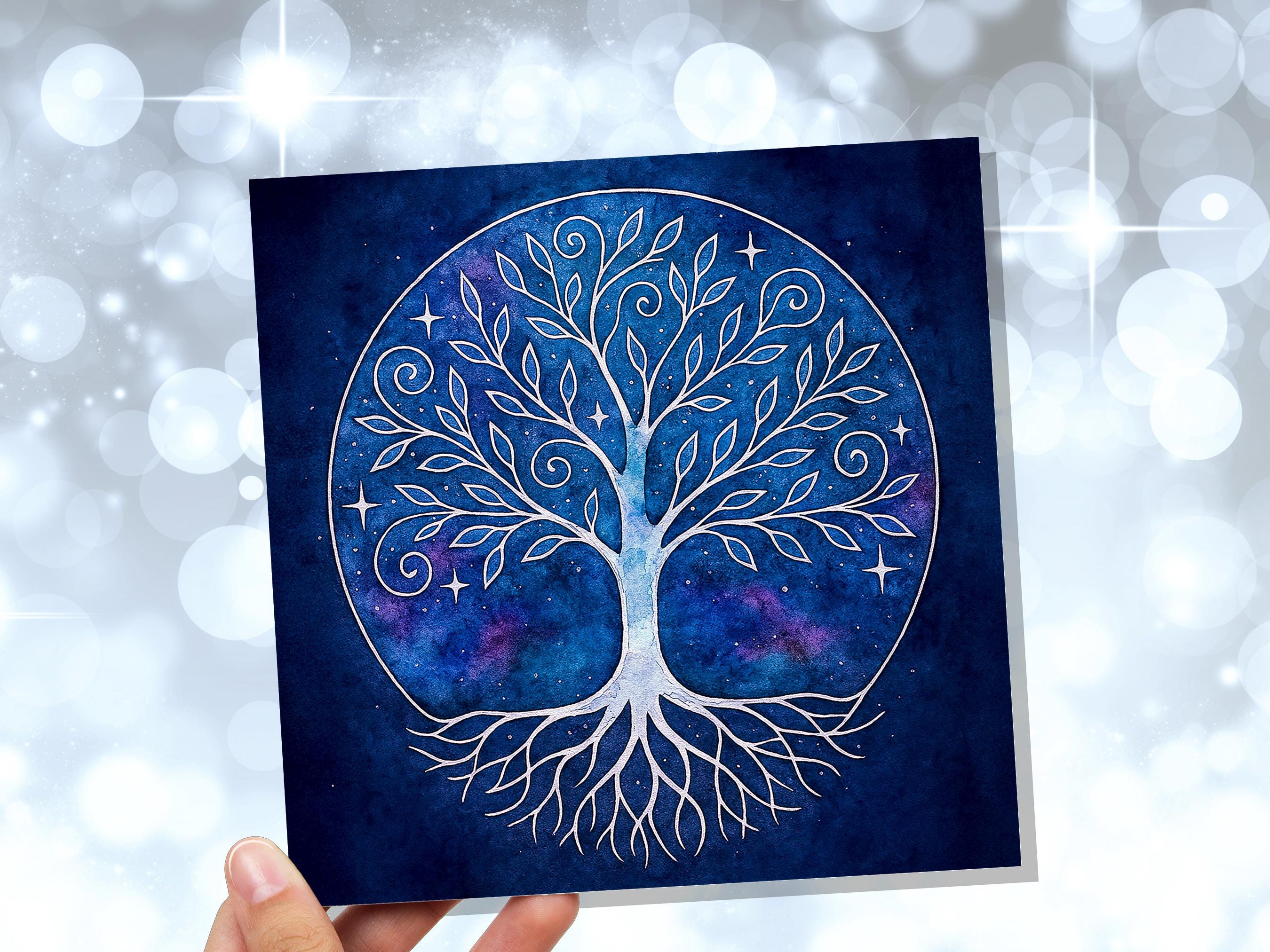 Celestial Tree of Life Card Sacred Design Blue Watercolour Galaxy Art Whimsical Branches Whimsigoth Witchcore Witchy Stationary Spiritual