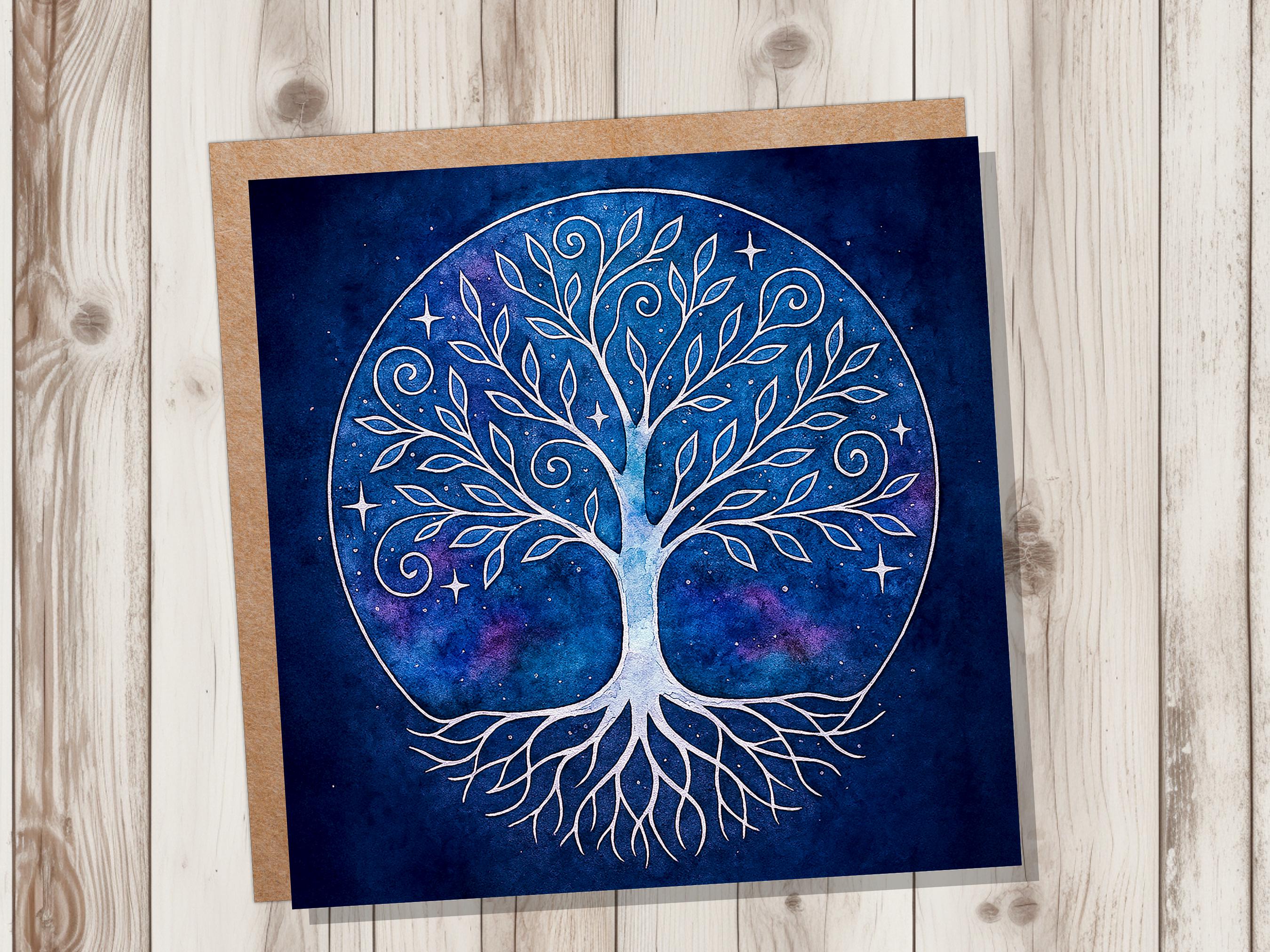Celestial Tree of Life Card Sacred Design Blue Watercolour Galaxy Art Whimsical Branches Whimsigoth Witchcore Witchy Stationary Spiritual - View 3