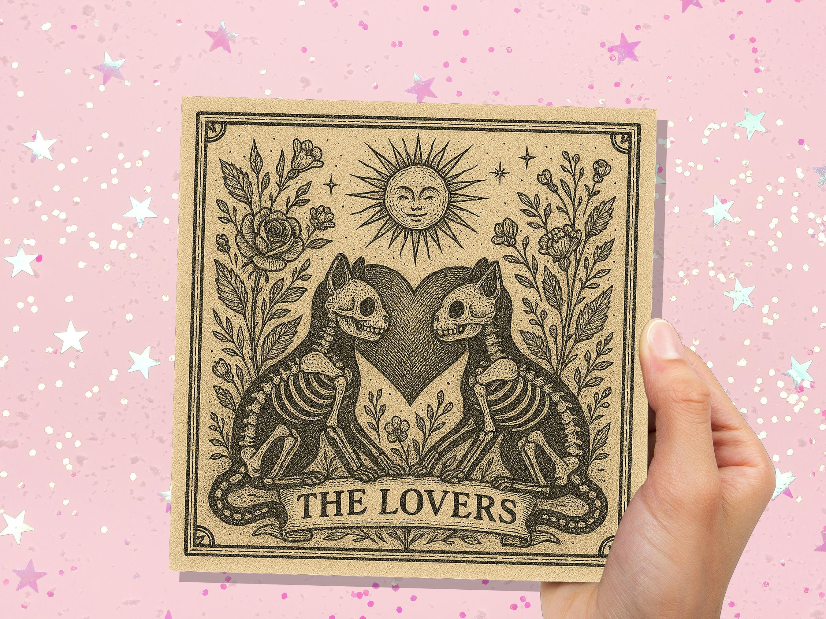 Lovers Tarot Skeleton Cat Card | Gothic Witchy Anniversary Valentine Gift | Dark Romance Art | Unique Macabre Love Illustration Witchcore - View 8