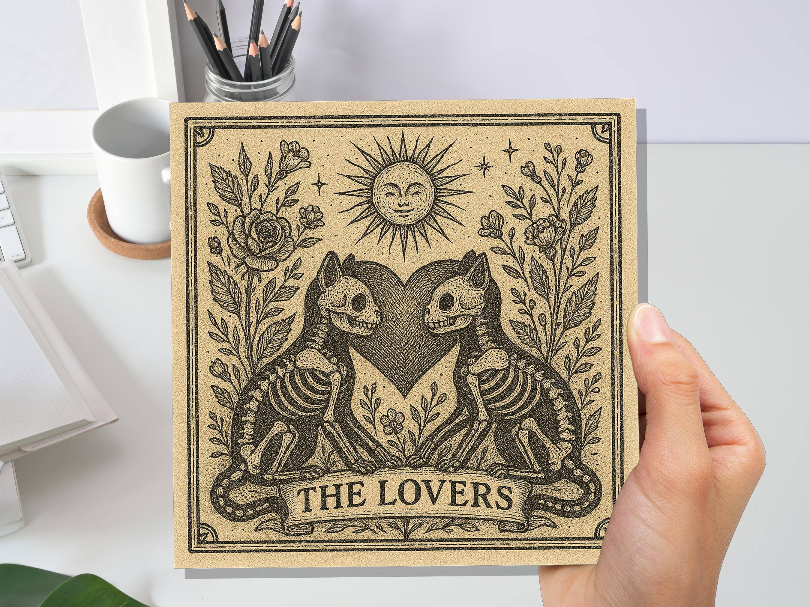 Lovers Tarot Skeleton Cat Card | Gothic Witchy Anniversary Valentine Gift | Dark Romance Art | Unique Macabre Love Illustration Witchcore - View 7