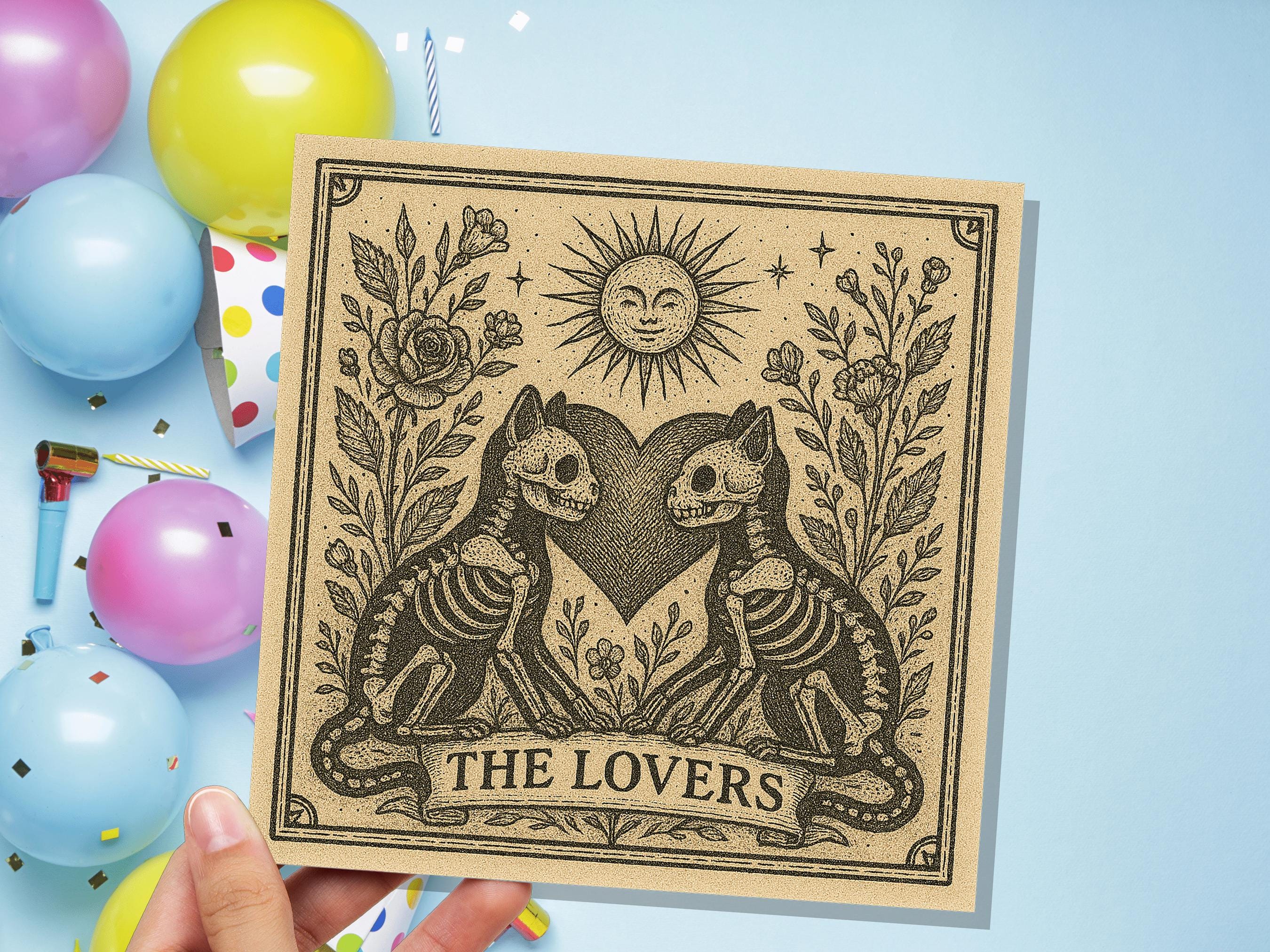 Lovers Tarot Skeleton Cat Card | Gothic Witchy Anniversary Valentine Gift | Dark Romance Art | Unique Macabre Love Illustration Witchcore - View 5