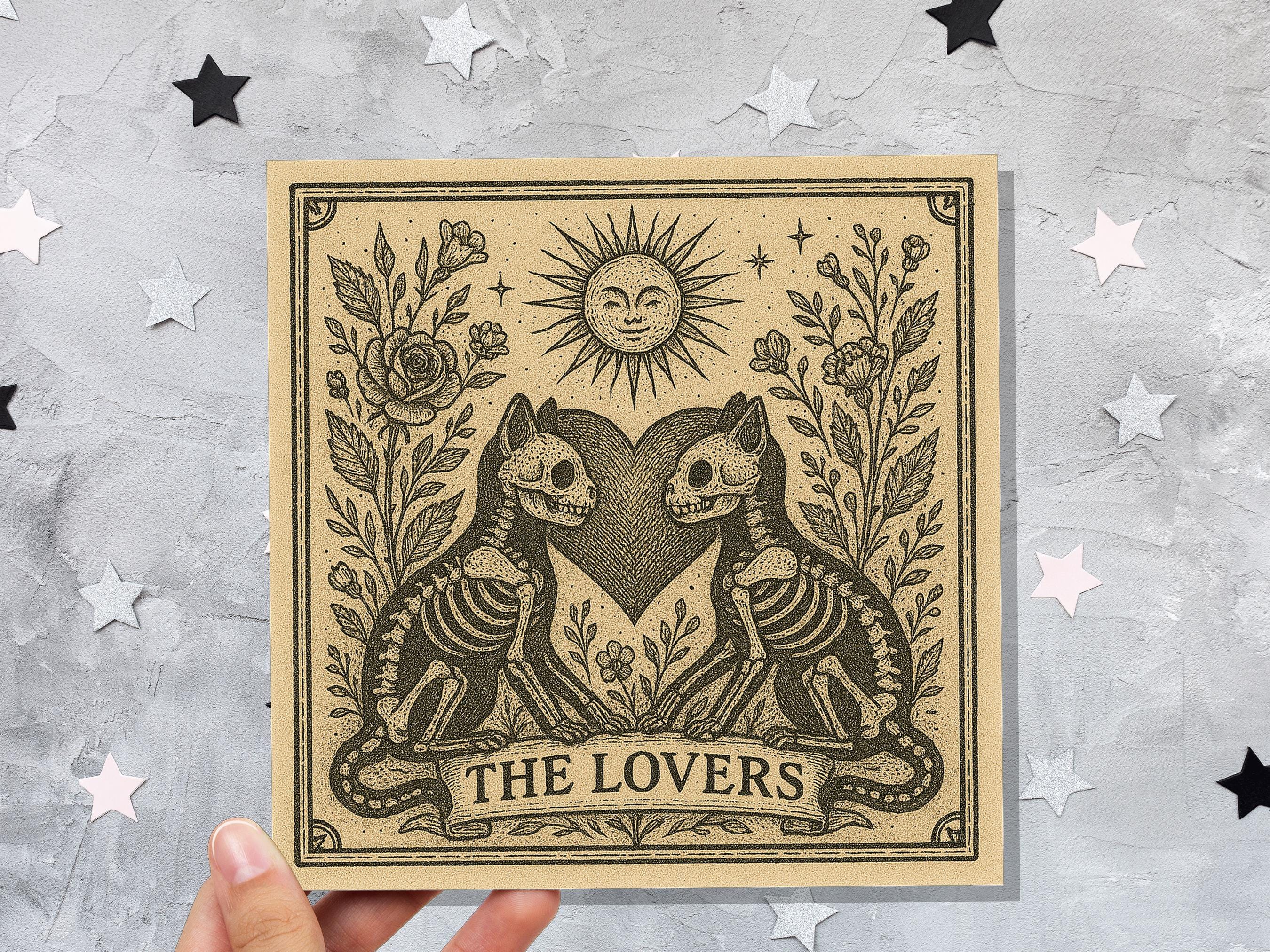 Lovers Tarot Skeleton Cat Card | Gothic Witchy Anniversary Valentine Gift | Dark Romance Art | Unique Macabre Love Illustration Witchcore