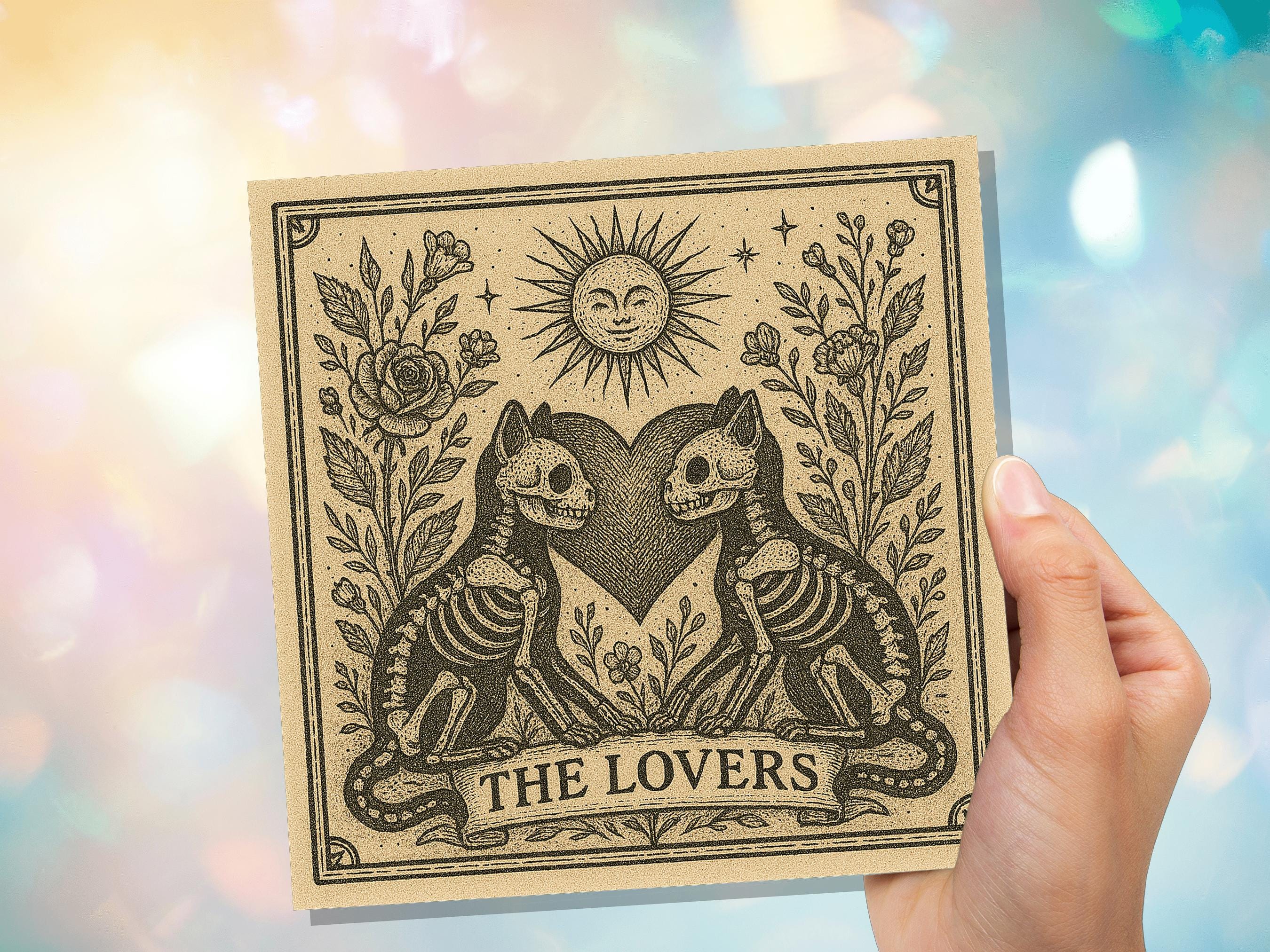 Lovers Tarot Skeleton Cat Card | Gothic Witchy Anniversary Valentine Gift | Dark Romance Art | Unique Macabre Love Illustration Witchcore - View 9