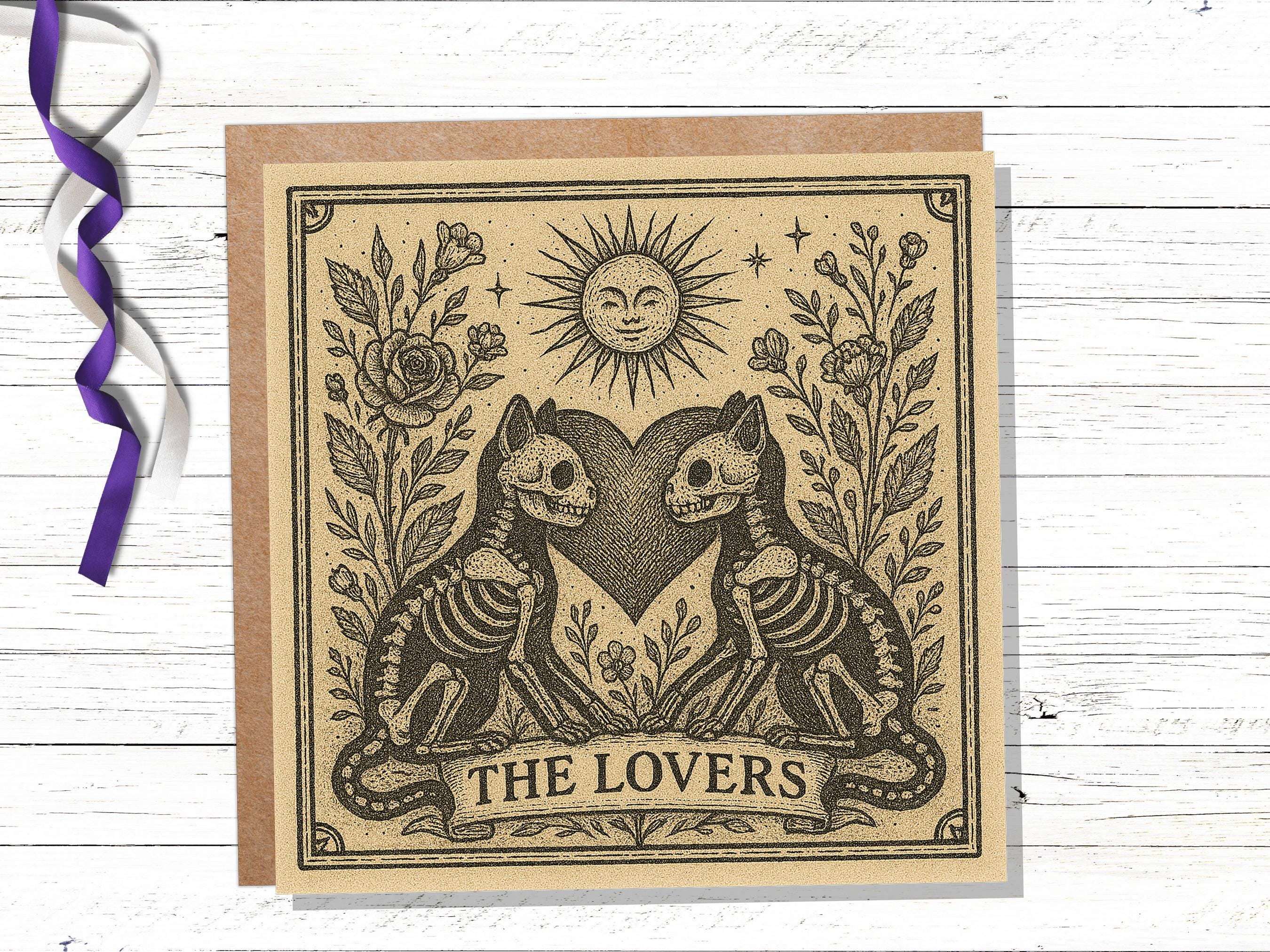 Lovers Tarot Skeleton Cat Card | Gothic Witchy Anniversary Valentine Gift | Dark Romance Art | Unique Macabre Love Illustration Witchcore - View 2