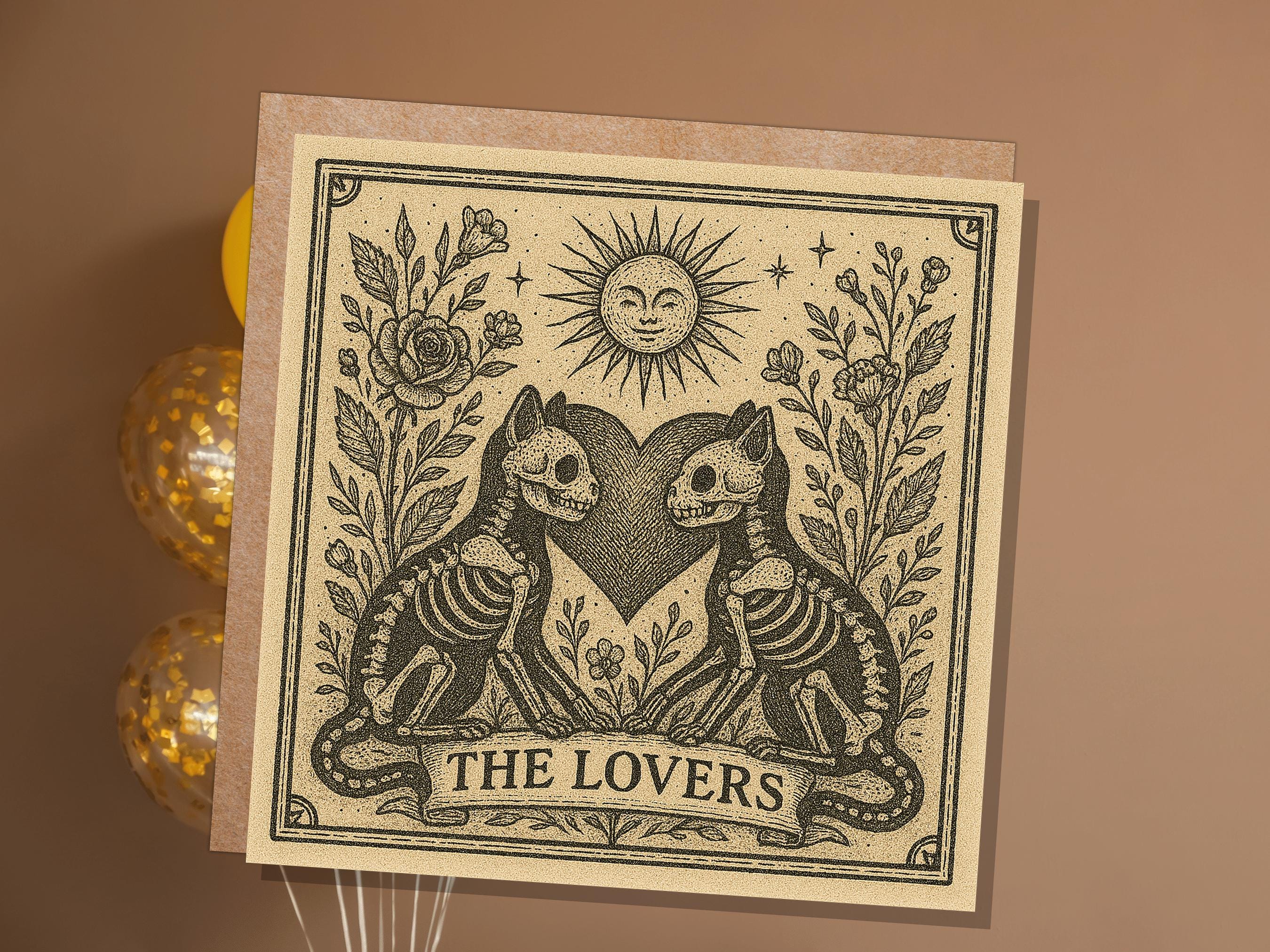 Lovers Tarot Skeleton Cat Card | Gothic Witchy Anniversary Valentine Gift | Dark Romance Art | Unique Macabre Love Illustration Witchcore - View 4