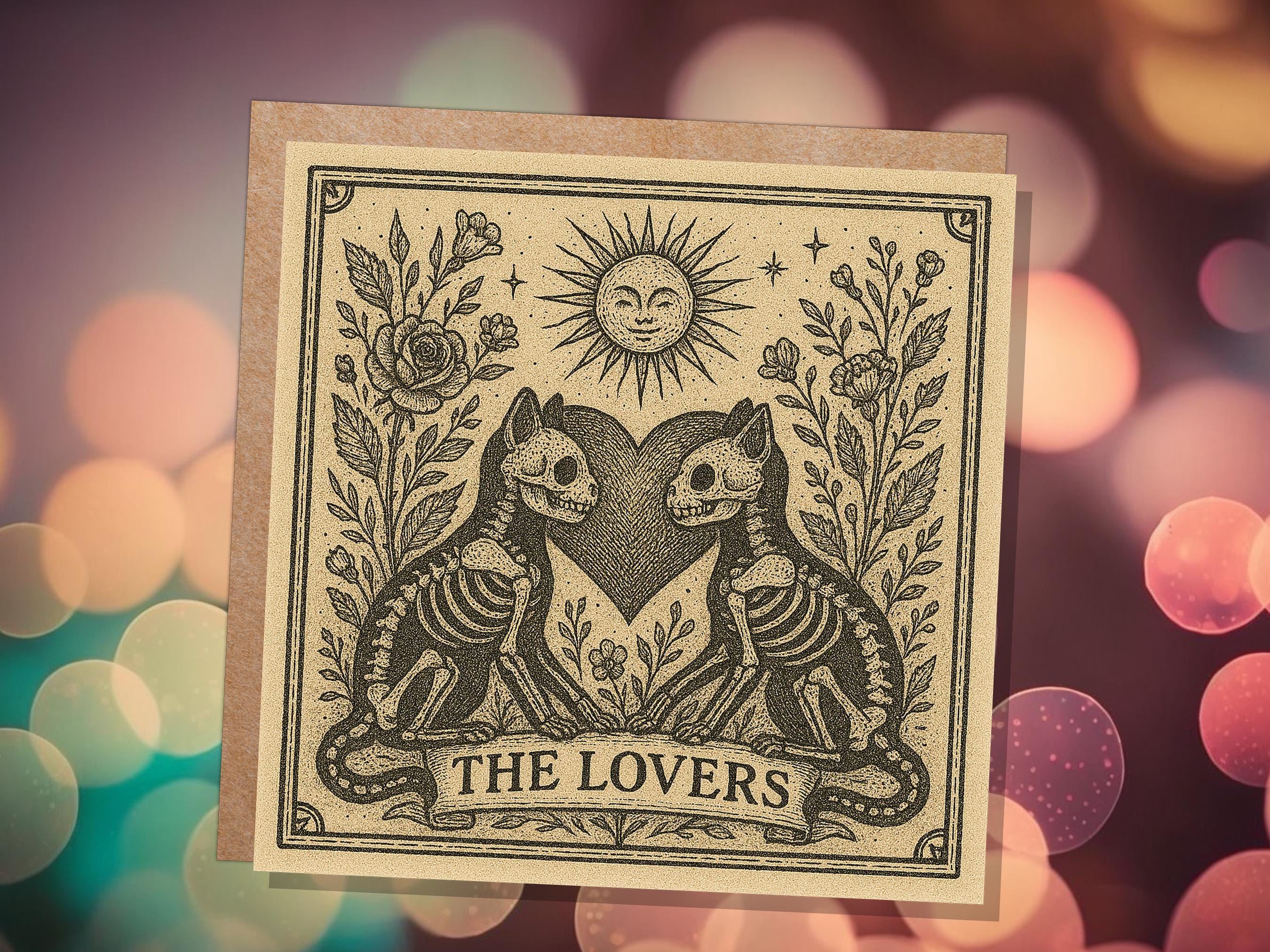 Lovers Tarot Skeleton Cat Card | Gothic Witchy Anniversary Valentine Gift | Dark Romance Art | Unique Macabre Love Illustration Witchcore - View 3
