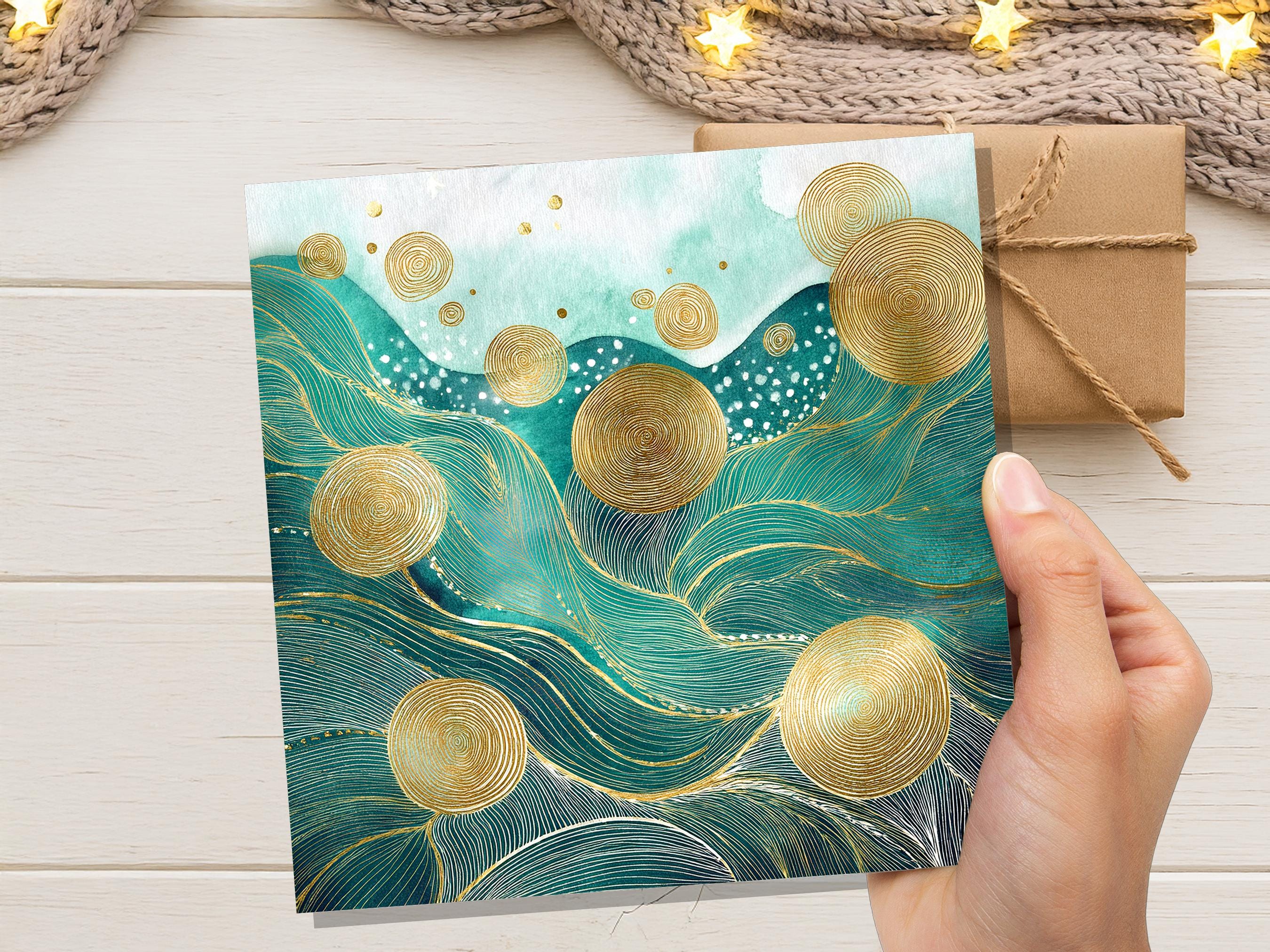Ocean Waves Abstract Greeting Card Any Occasion For Nature Lovers Sea Green Blue with Gold Calming Doodle Patterns Eco Friendly Meditation - View 8