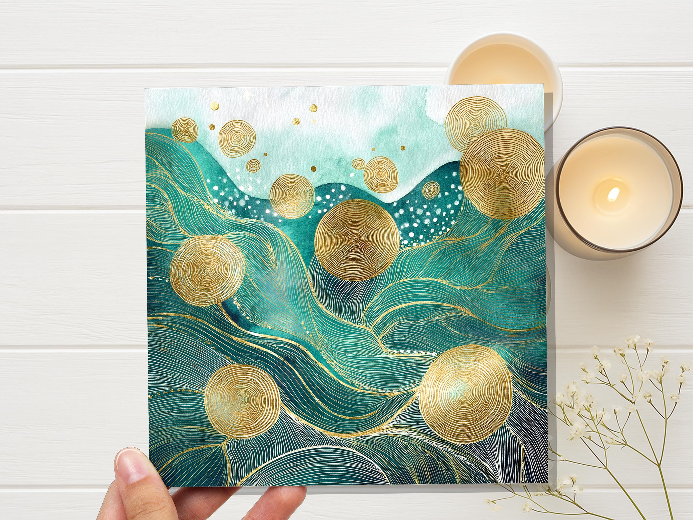 Ocean Waves Abstract Greeting Card Any Occasion For Nature Lovers Sea Green Blue with Gold Calming Doodle Patterns Eco Friendly Meditation - View 6