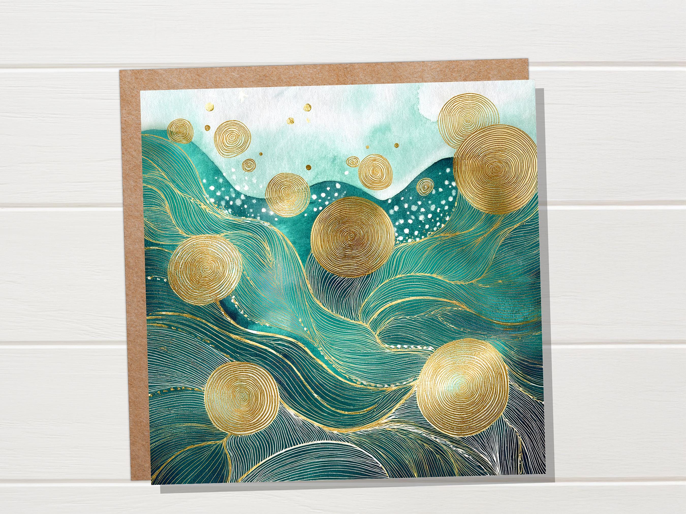 Ocean Waves Abstract Greeting Card Any Occasion For Nature Lovers Sea Green Blue with Gold Calming Doodle Patterns Eco Friendly Meditation - View 4