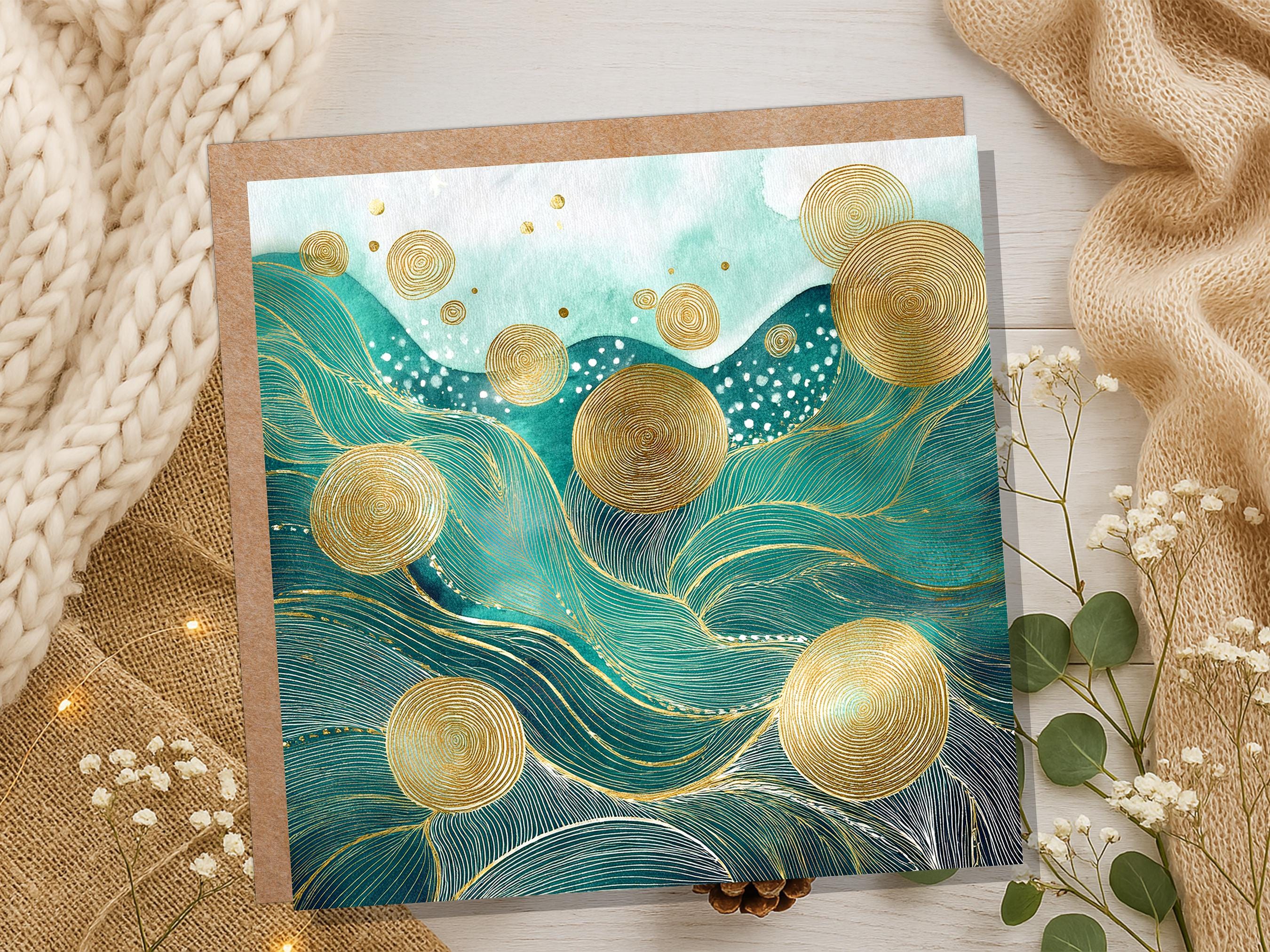 Ocean Waves Abstract Greeting Card Any Occasion For Nature Lovers Sea Green Blue with Gold Calming Doodle Patterns Eco Friendly Meditation - View 7