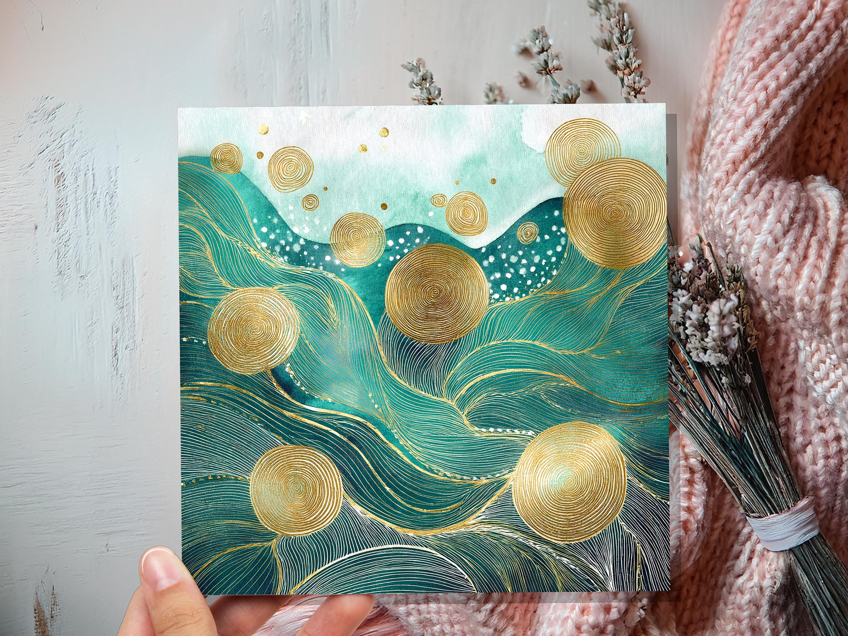 Ocean Waves Abstract Greeting Card Any Occasion For Nature Lovers Sea Green Blue with Gold Calming Doodle Patterns Eco Friendly Meditation - View 3