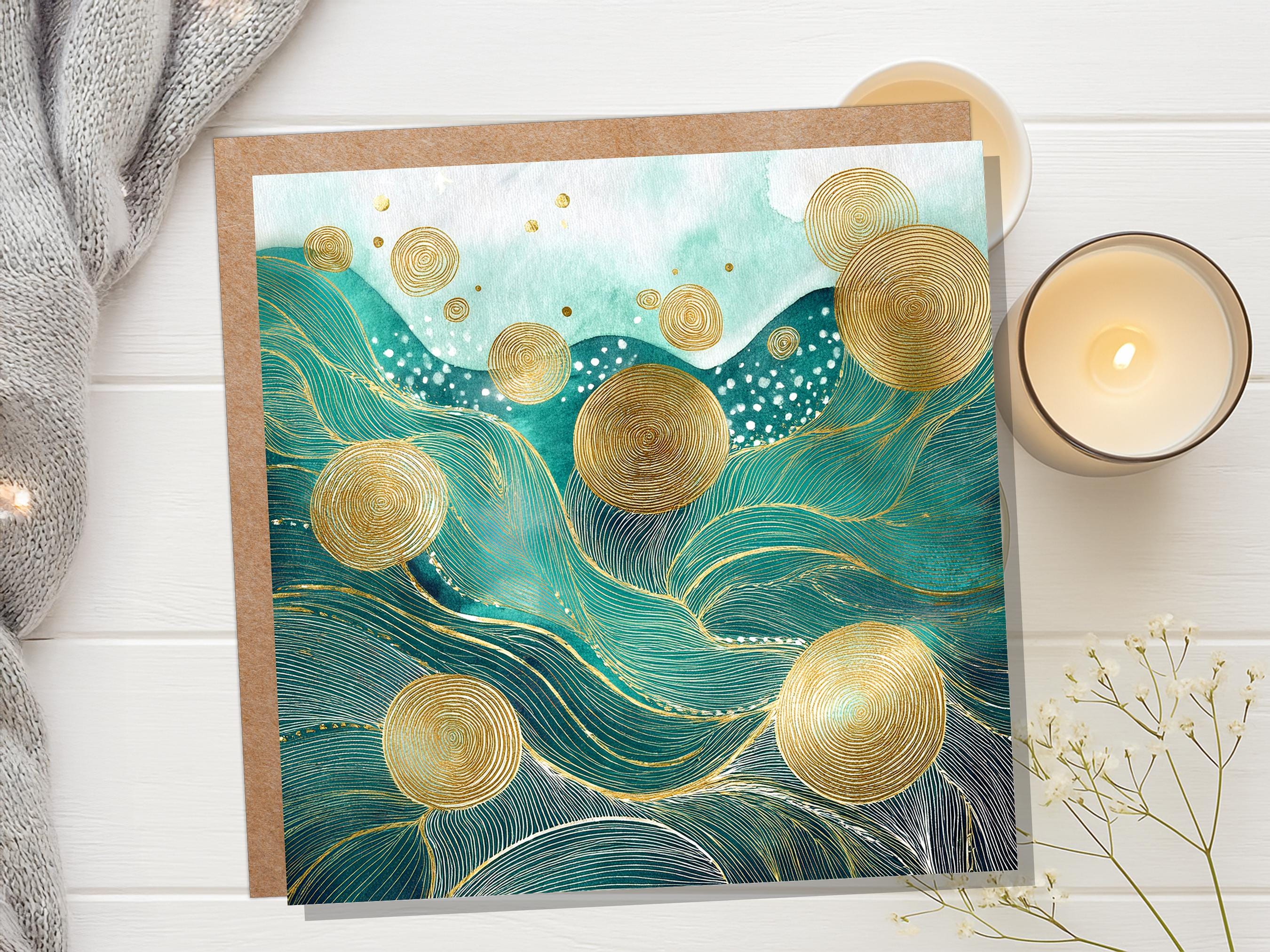 Ocean Waves Abstract Greeting Card Any Occasion For Nature Lovers Sea Green Blue with Gold Calming Doodle Patterns Eco Friendly Meditation - View 9