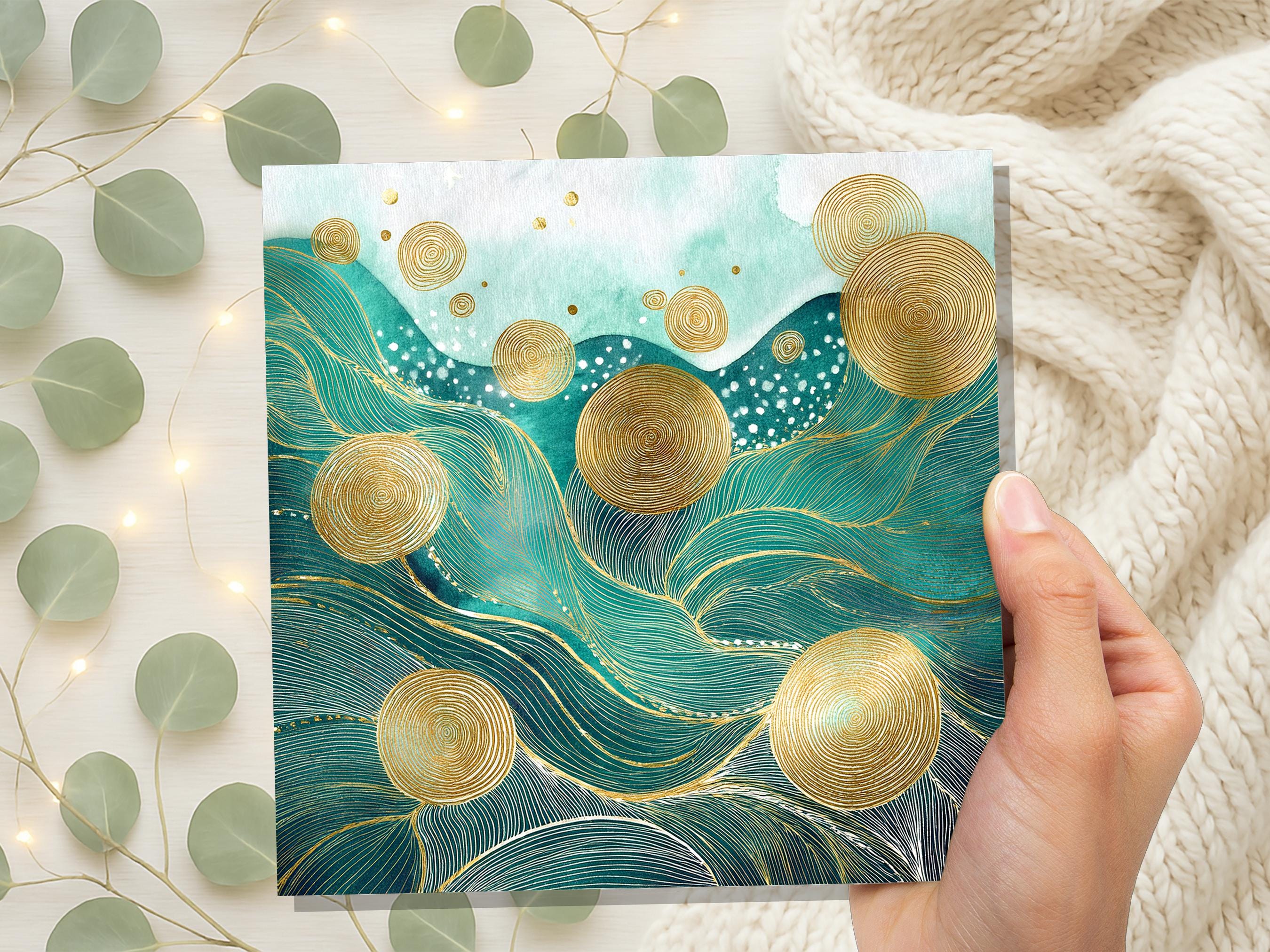 Ocean Waves Abstract Greeting Card Any Occasion For Nature Lovers Sea Green Blue with Gold Calming Doodle Patterns Eco Friendly Meditation - View 2