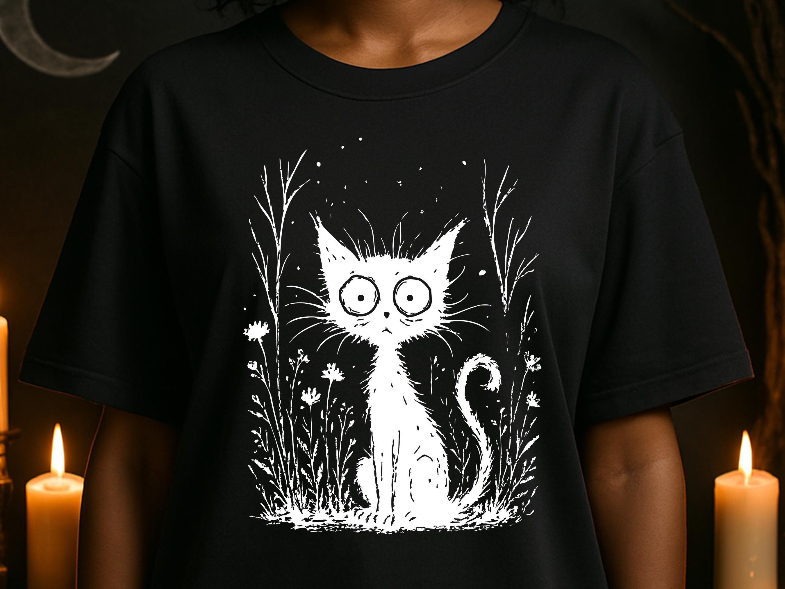 Catnip Madness Shirt, Funny Wide Eyed Black Cat Tee, Crazy Cat Lover Gift, Spooky Cute Frazzled Kitty Illustration, Unique Pet Owner Tee Art - View 4