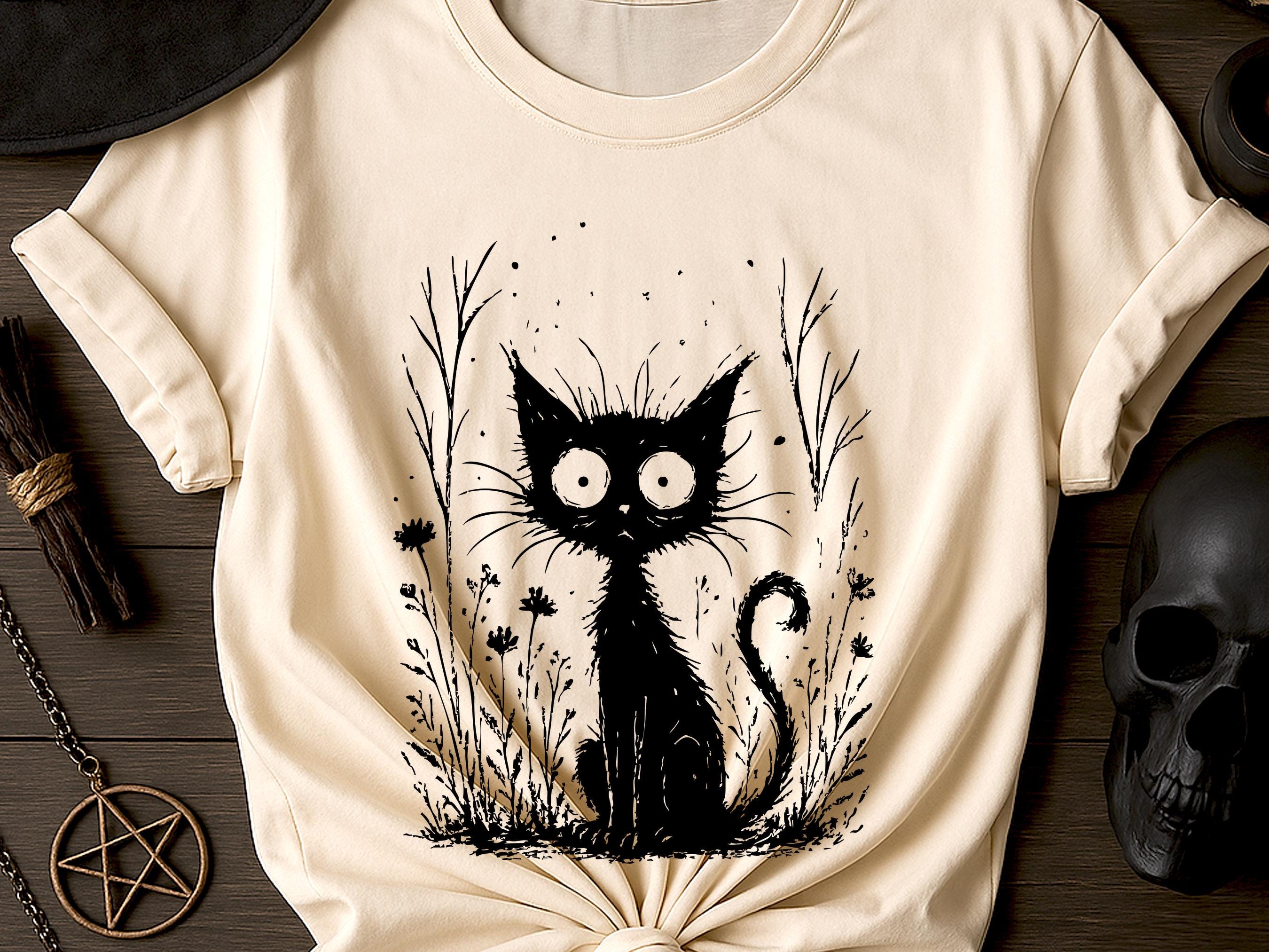 Catnip Madness Shirt, Funny Wide Eyed Black Cat Tee, Crazy Cat Lover Gift, Spooky Cute Frazzled Kitty Illustration, Unique Pet Owner Tee Art - View 6