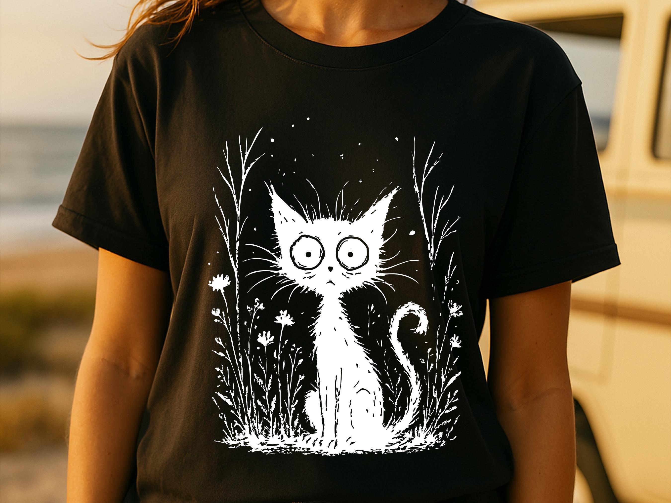 Catnip Madness Shirt, Funny Wide Eyed Black Cat Tee, Crazy Cat Lover Gift, Spooky Cute Frazzled Kitty Illustration, Unique Pet Owner Tee Art - View 5