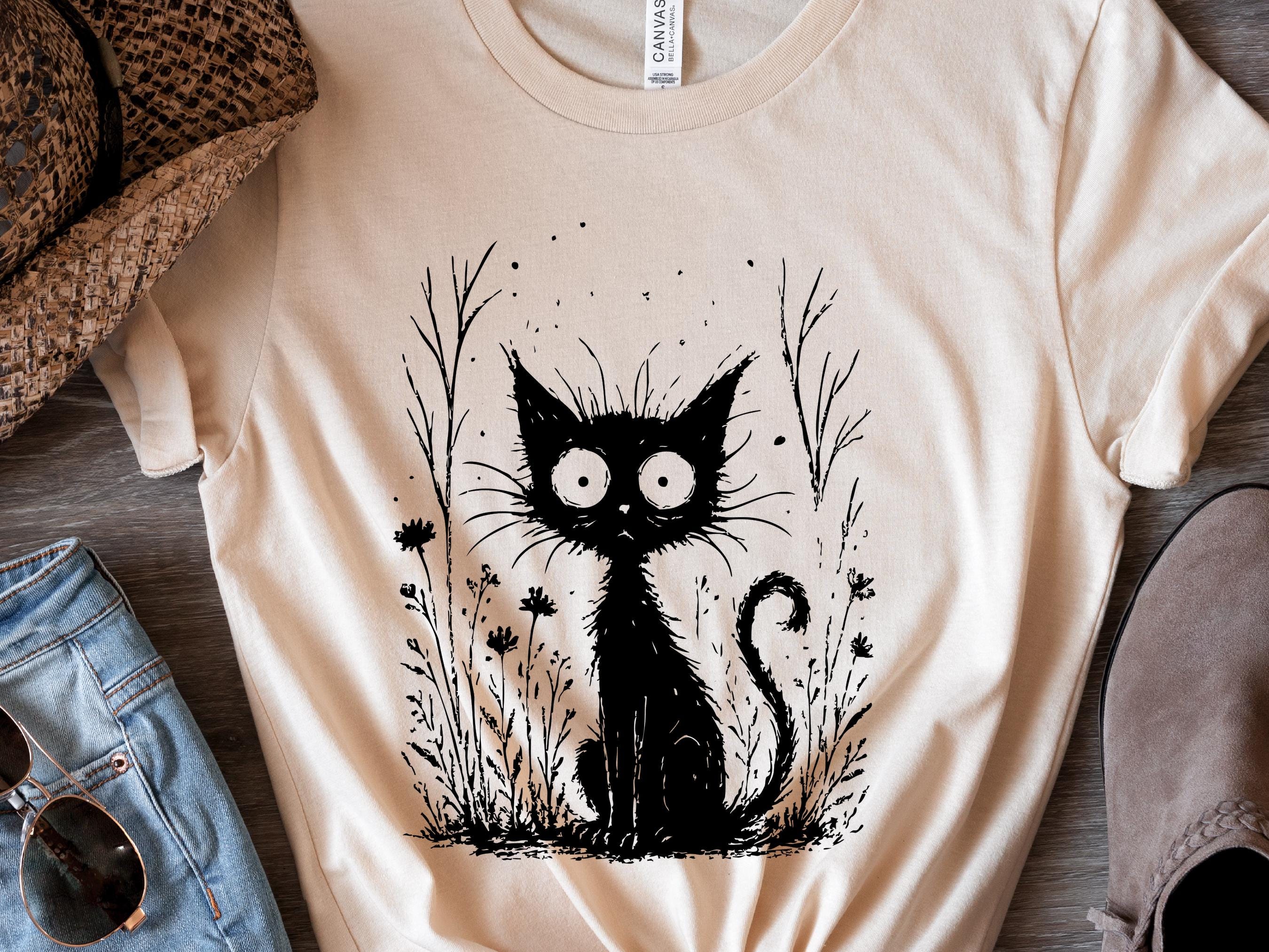 Catnip Madness Shirt, Funny Wide Eyed Black Cat Tee, Crazy Cat Lover Gift, Spooky Cute Frazzled Kitty Illustration, Unique Pet Owner Tee Art - View 2