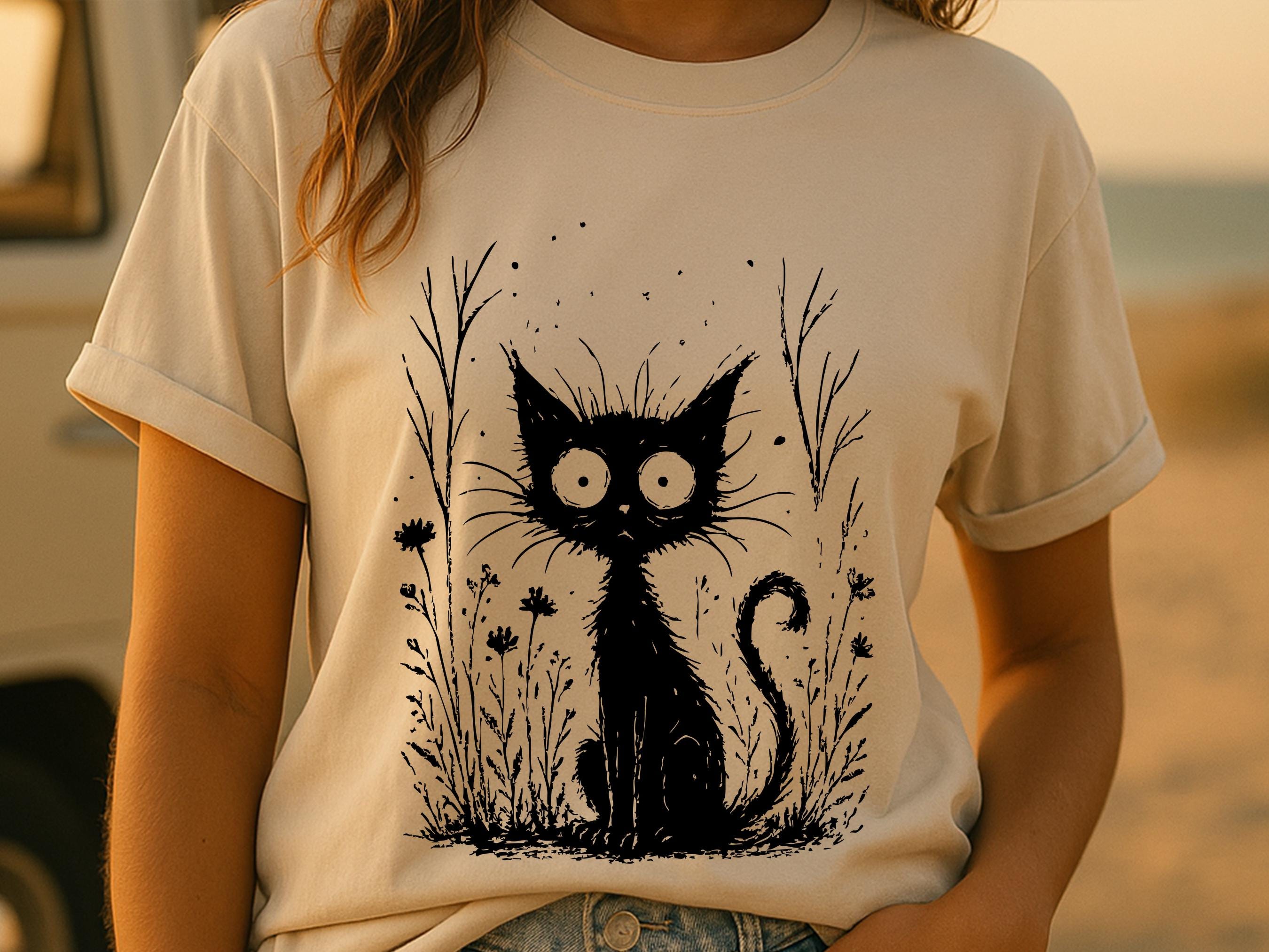 Catnip Madness Shirt, Funny Wide Eyed Black Cat Tee, Crazy Cat Lover Gift, Spooky Cute Frazzled Kitty Illustration, Unique Pet Owner Tee Art - View 7